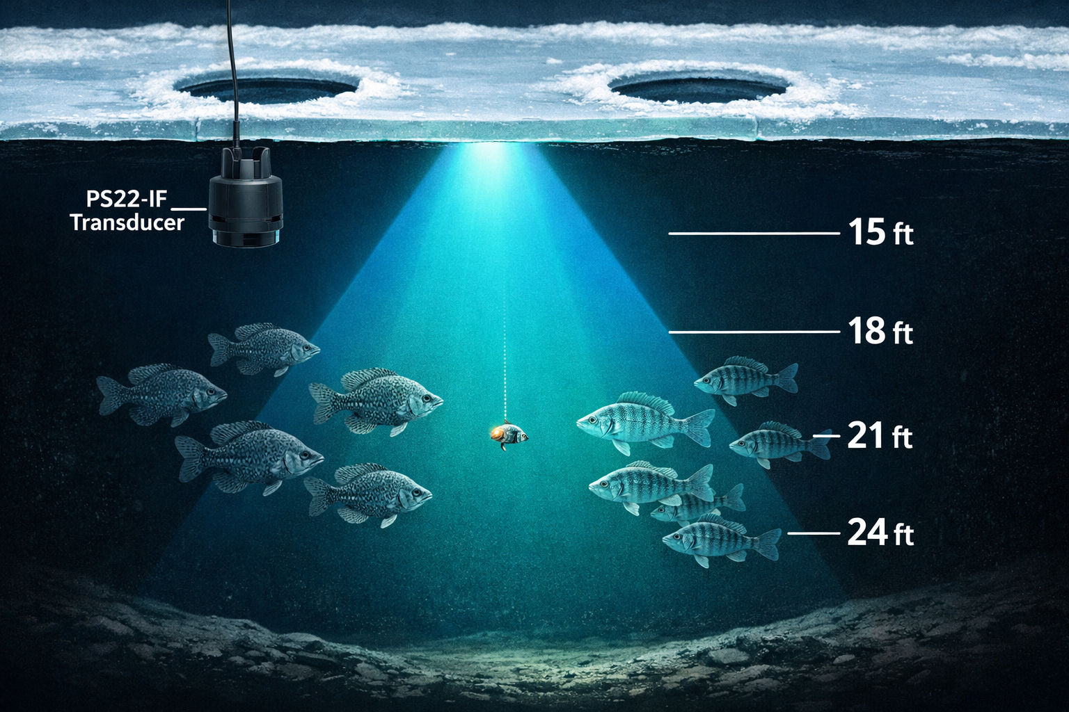 Underwater cross-section illustration showing a frozen lake surface above with two ice holes drilled, PS22-IF transducer