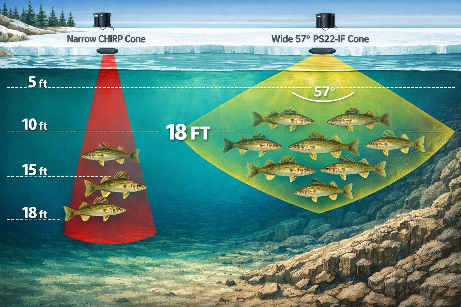Underwater perspective illustration showing walleye pod suspended at 18 feet in late-ice conditions near a shoreline