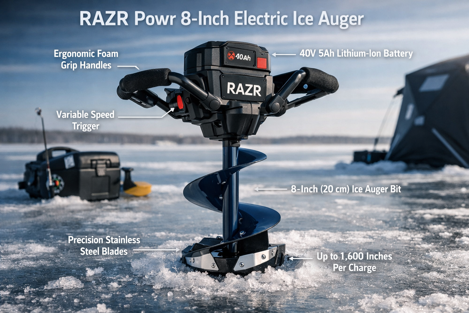 What Is section product showcase: Environmental context shot of RAZR Powr 8-Inch Electric Ice Auger positioned on pristine