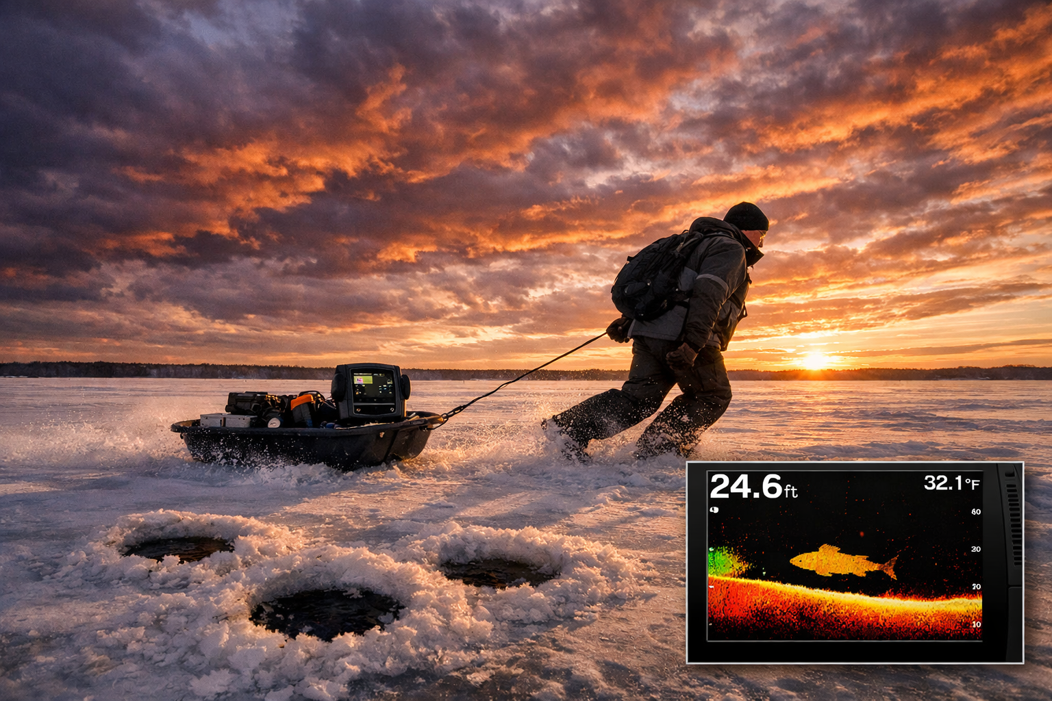Wide-angle action shot of a solo mobile walleye angler rapidly moving across a vast frozen lake at golden hour, pulling a