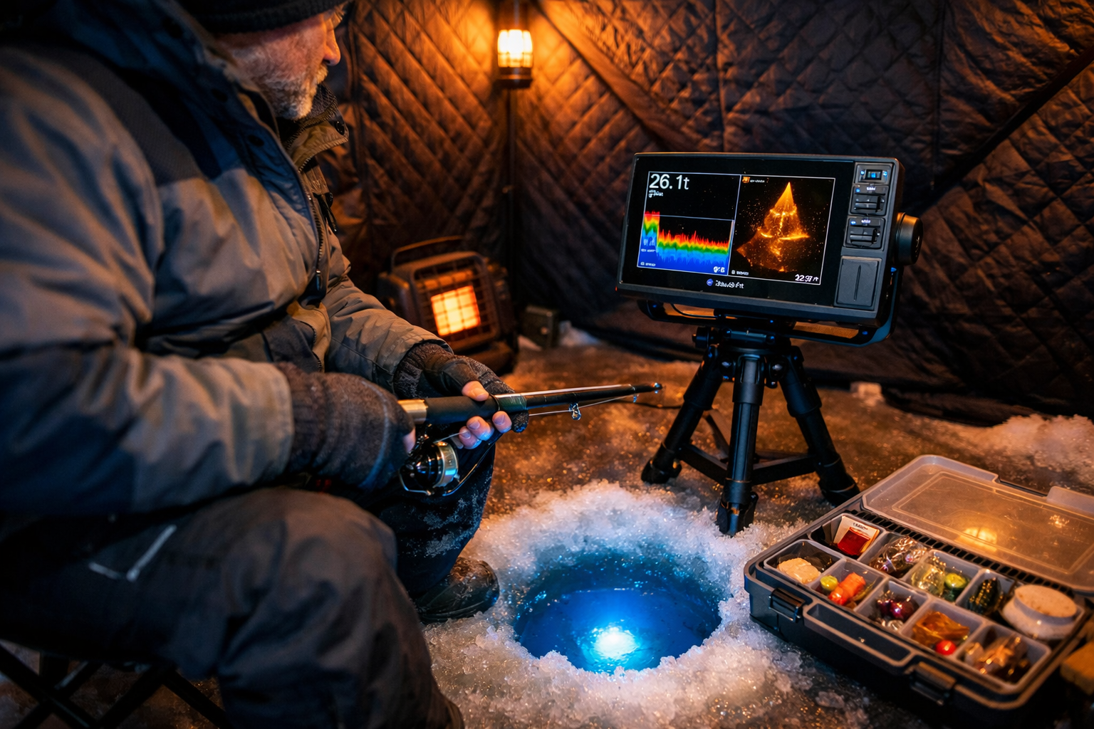 Wide-angle editorial photograph of an ice angler seated inside a portable ice shelter with Garmin ECHOMAP 73cv mounted on