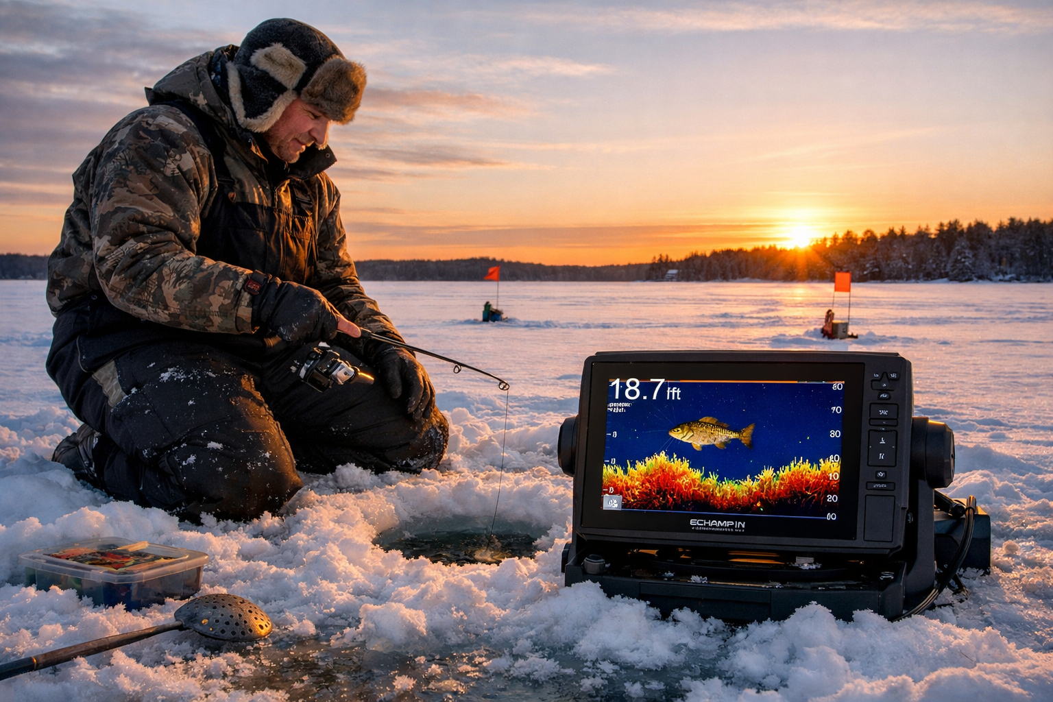 Wide-angle environmental photograph of mid-winter walleye ice fishing scene at golden hour, angler jigging over ice hole