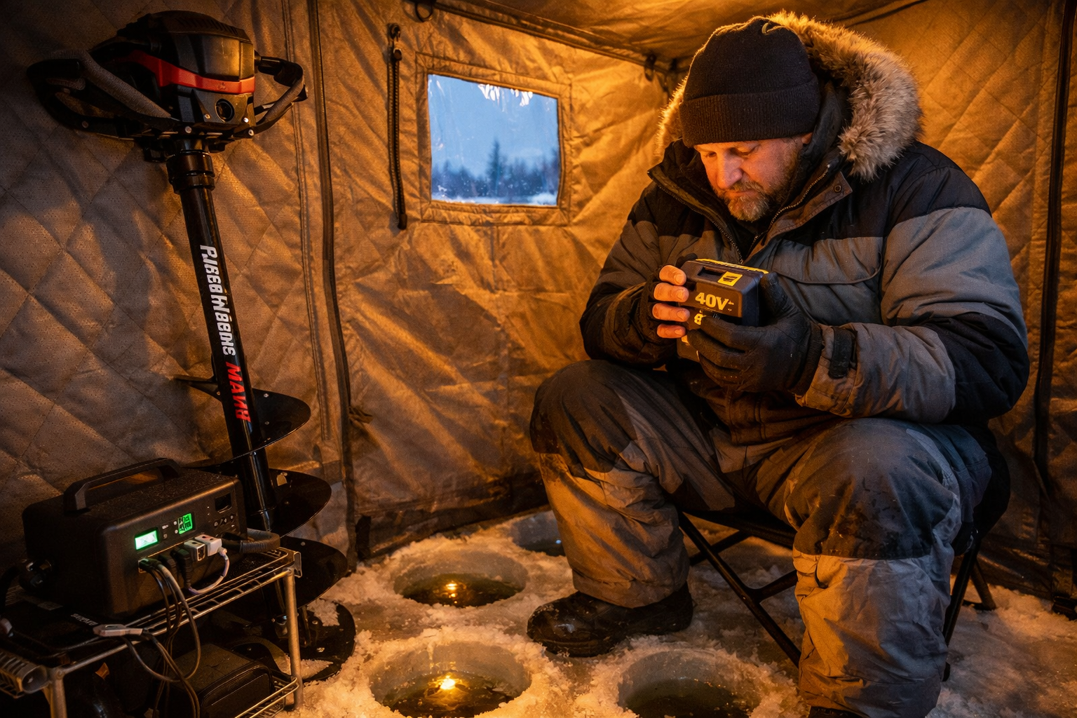Don’t Let Your Battery Die! Maximizing Battery Life in Sub-Zero Temps | 2026 Survival Guide for 8-Inch Electric Augers | Fish On Yak Wide-angle field scene showing an angler in full winter gear warming a 40V auger battery inside an insulated shelter,