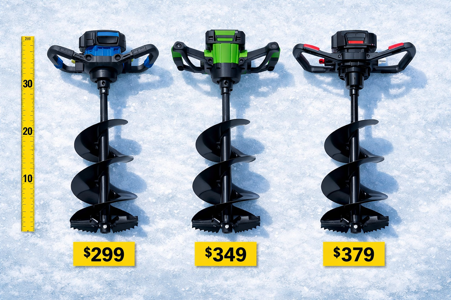 Budget 10-Inch Electric Ice Augers Under $400 | Value Picks That Cut 30-Inch Ice Like Pros | Fish On Yak Wide-angle landscape () showing a side-by-side comparison flat-lay of three budget electric ice augers on a snowy ice