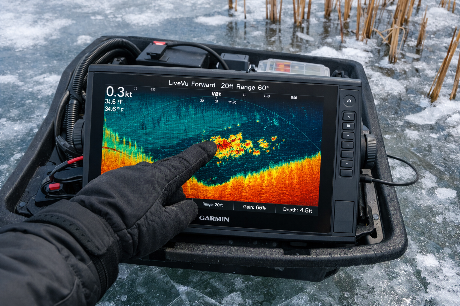 Wide-angle overhead perspective of a Garmin GPSMAP chartplotter mounted on an ice sled showing LiveVu Forward sonar display
