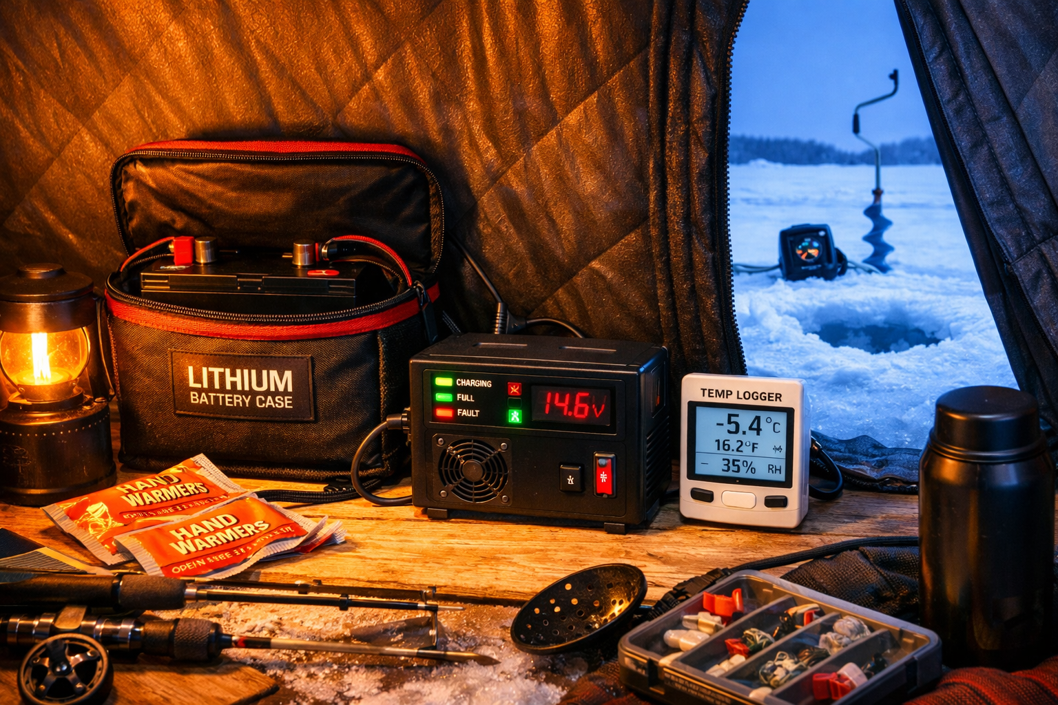 Wide-angle view of an organized ice fishing setup showing a battery charging station inside a portable shelter, lithium