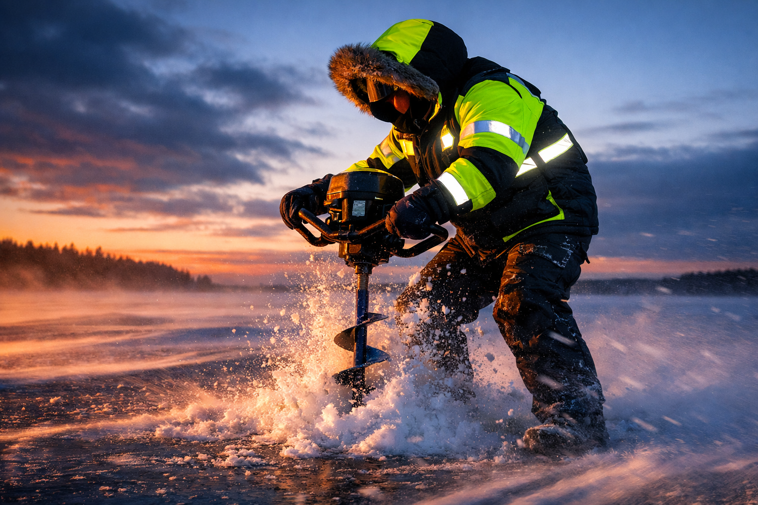 () action photograph of an ice angler drilling a hole on a windswept frozen lake, wearing a high-visibility ice fishing