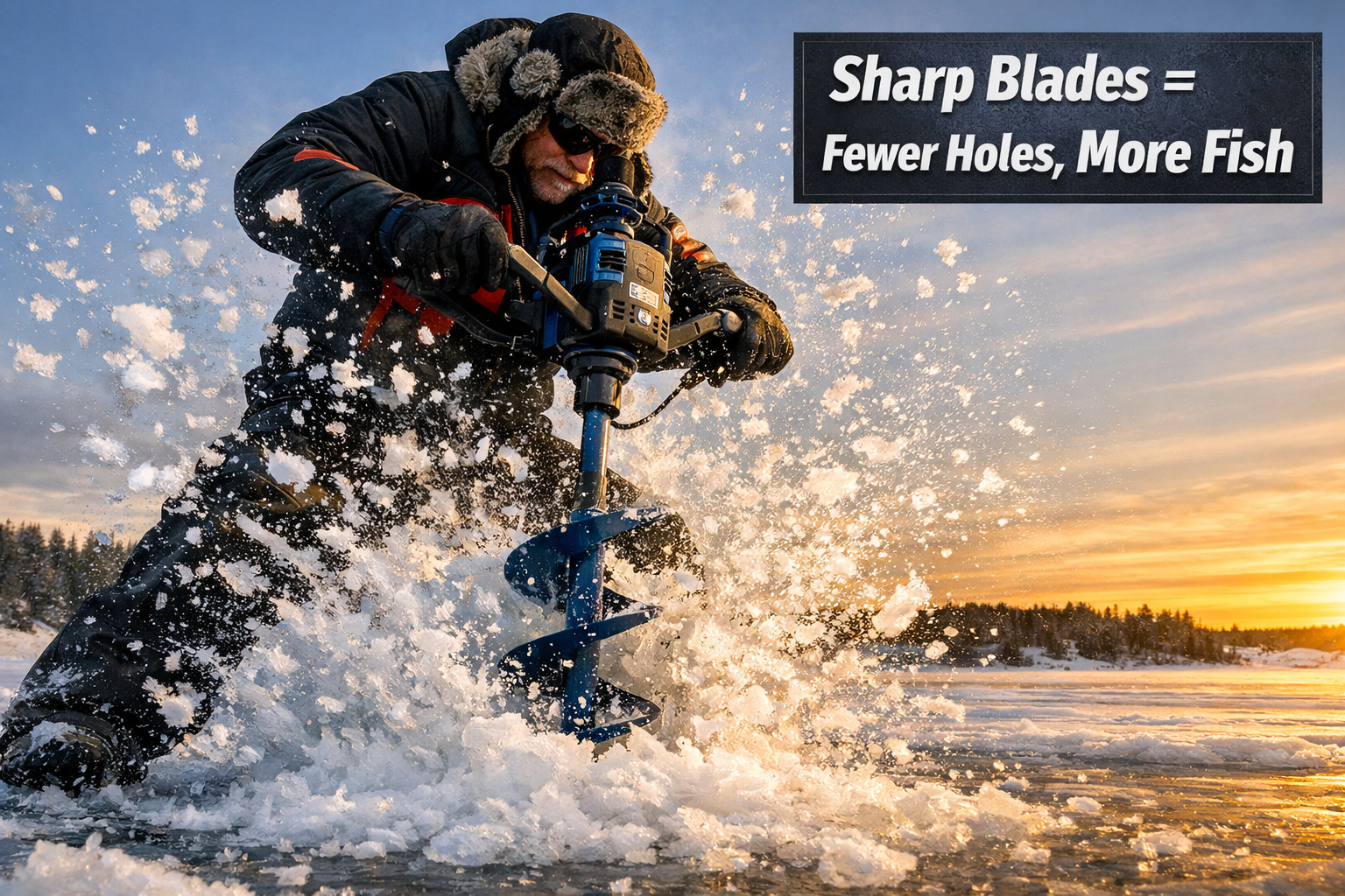 () action photograph of an ice angler drilling through thick ice with an 8-inch electric auger, freshly sharpened blade