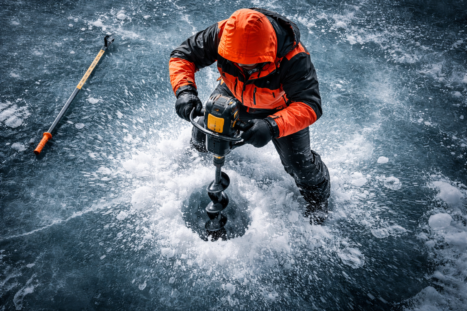 Beginner’s Guide to Drilling with 8-Inch Electric Ice Augers: Setup, Technique, and Common Mistakes () action sequence shot from above showing an angler in orange and black winter gear actively drilling through thick