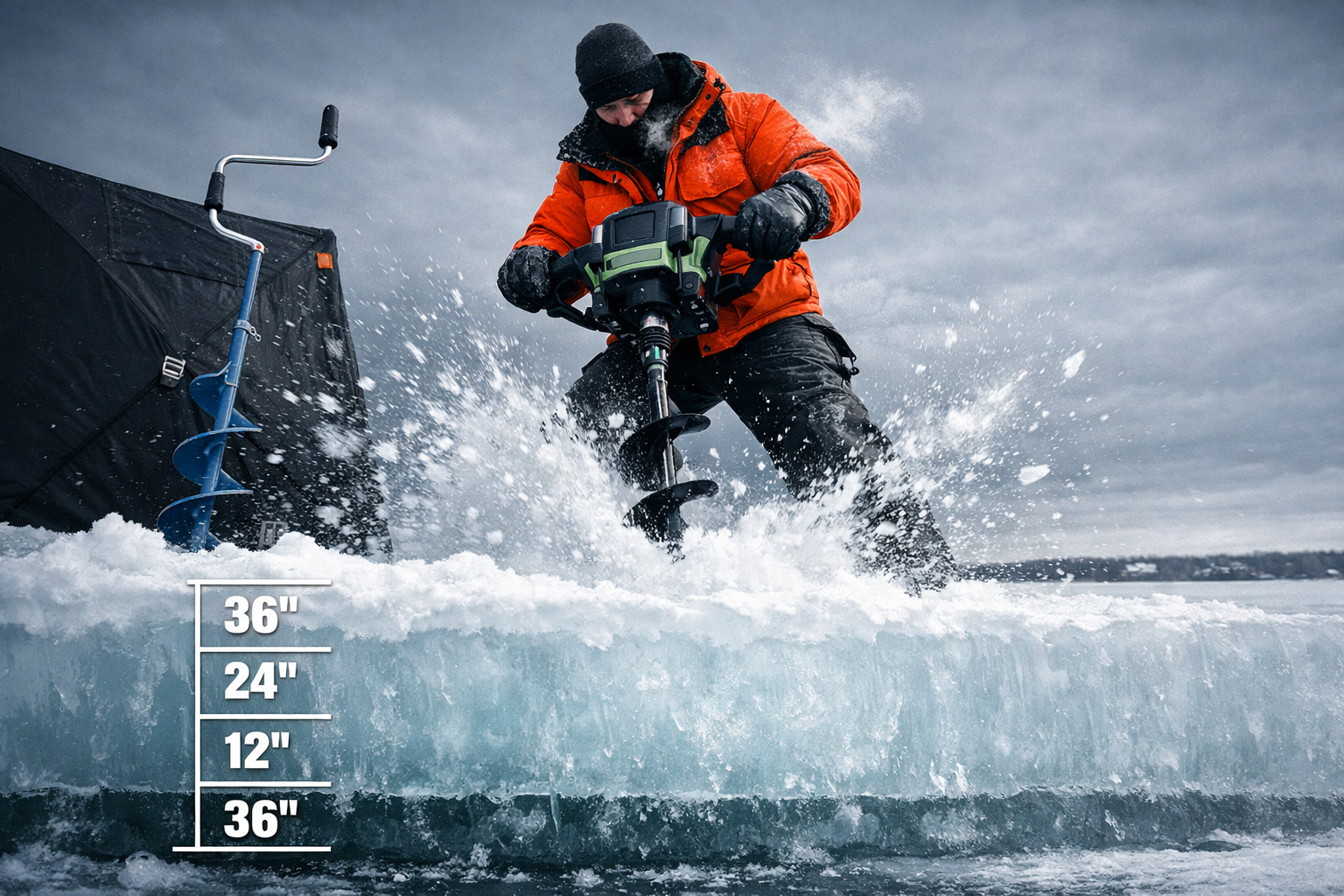 () action shot from low ice-level angle looking up at an angler in full ice fishing gear drilling through thick 36-inch ice