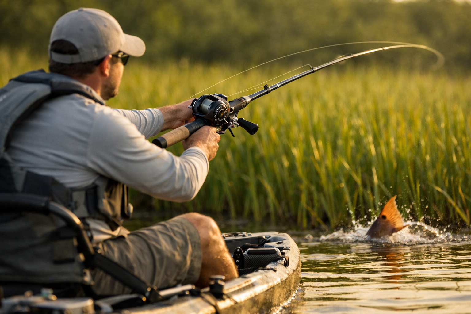 () action shot of kayak angler casting Lew's Custom Pro baitcaster toward a redfish tail breaking the surface in shallow