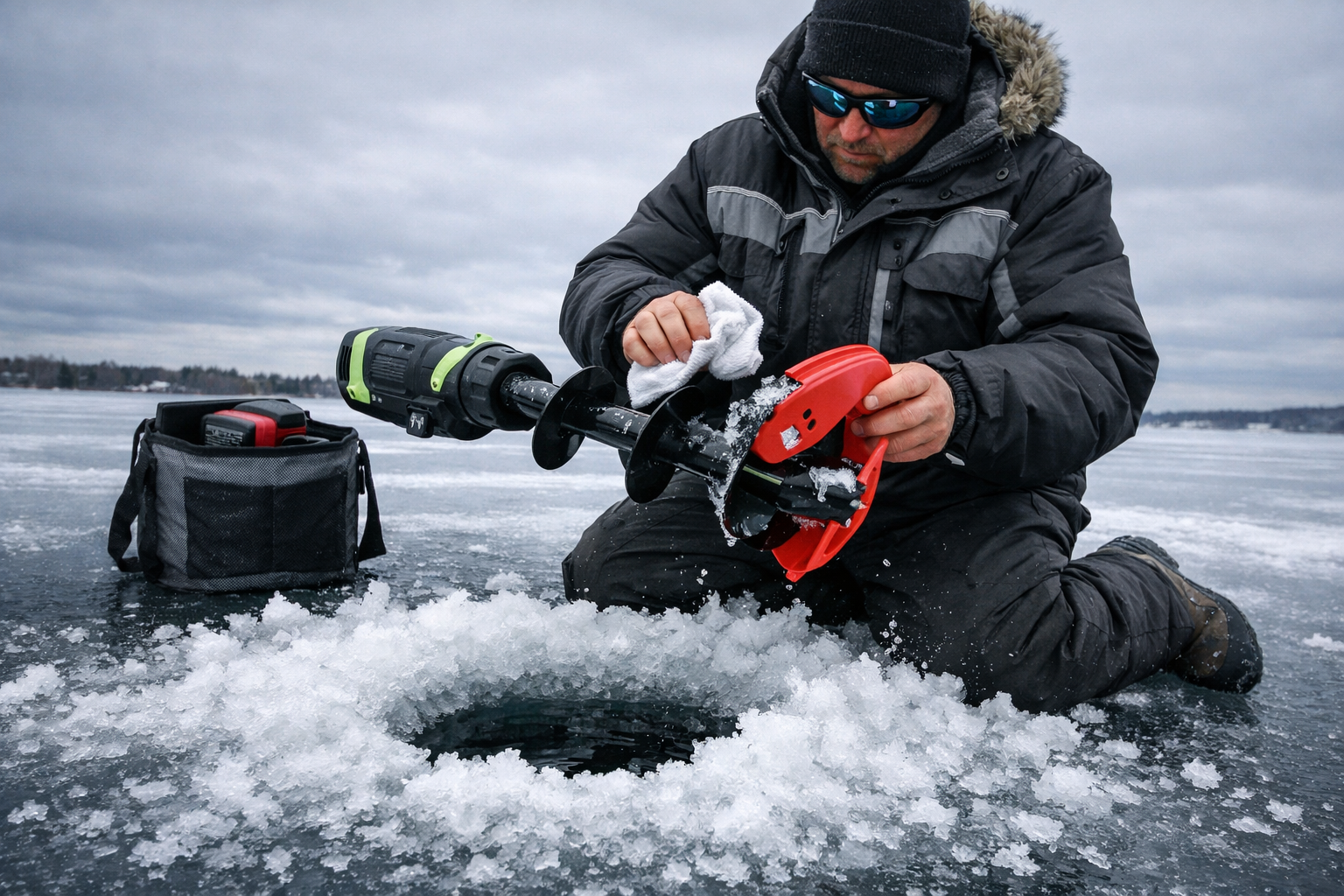 () action-style editorial image showing an angler in a heavy winter jacket kneeling on frozen lake ice beside a freshly