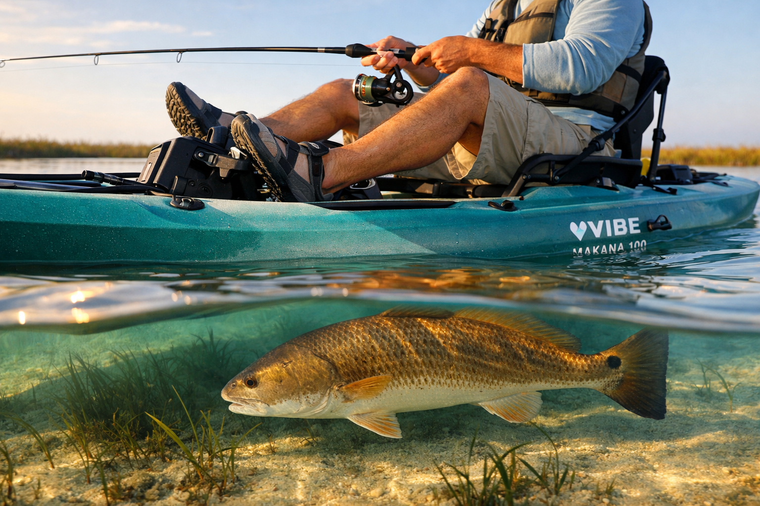 () close-up action shot of a beginner angler using foot pedals on a Vibe Makana 100 in shallow saltwater grass flat, hands