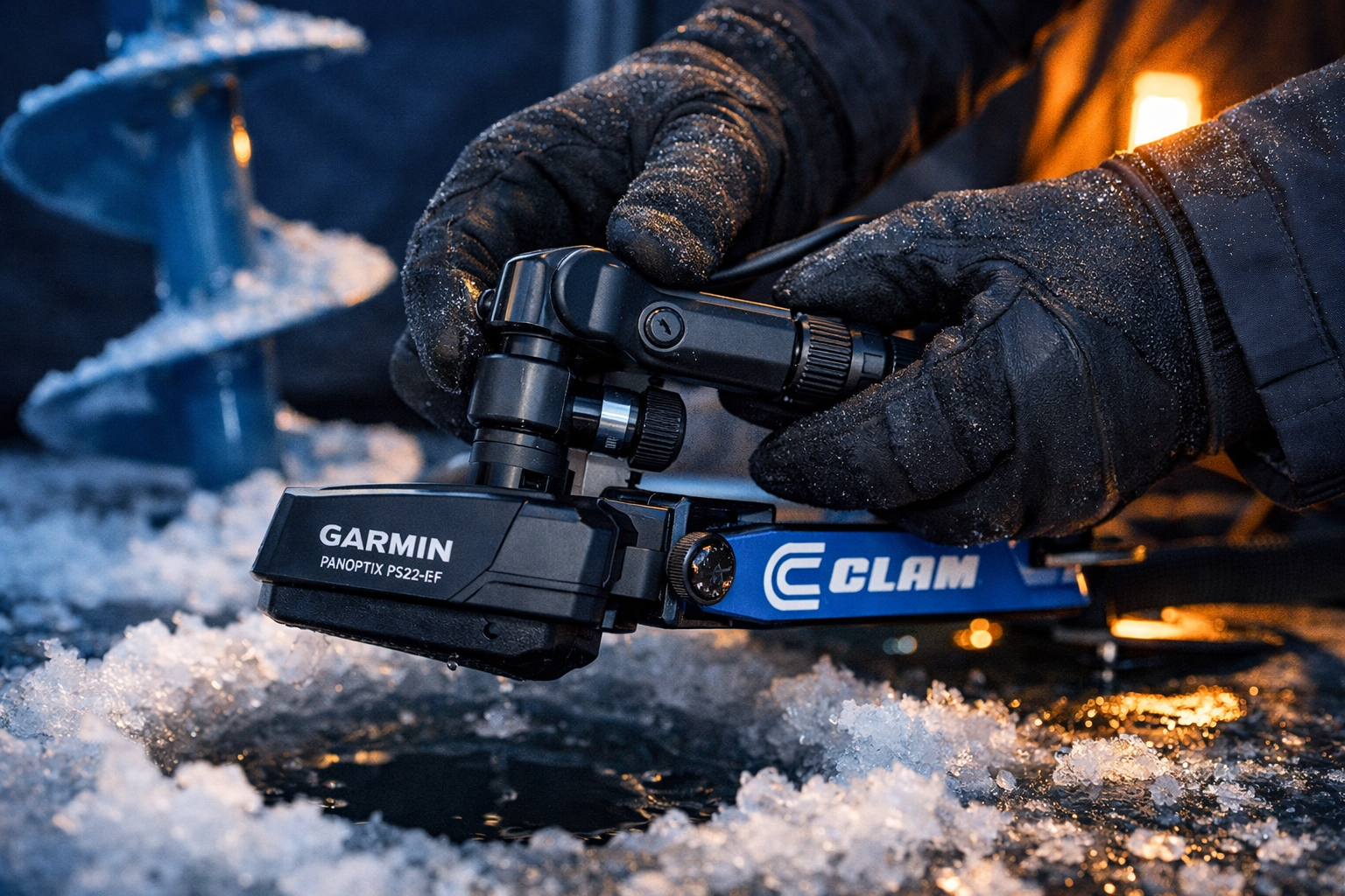 () close-up action shot of gloved hands mounting a Garmin Panoptix PS22-IF transducer onto a Clam drill plate adapter over a