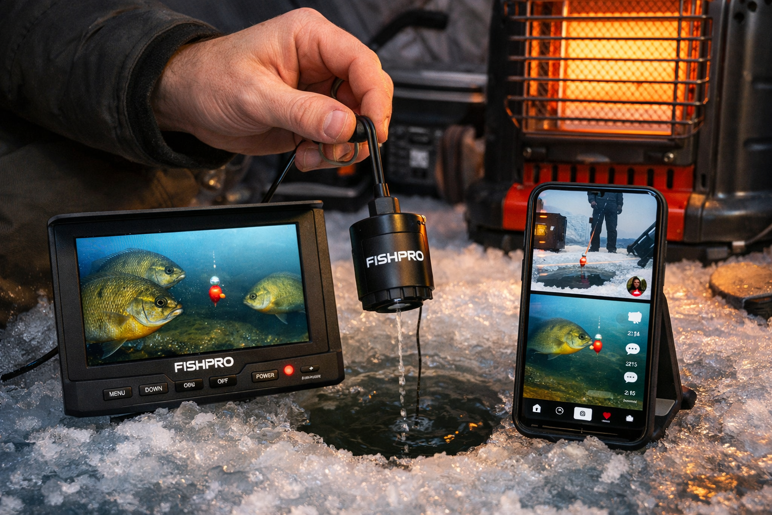 () close-up editorial photo of an angler's hands inside an ice fishing shelter lowering a compact underwater camera (similar