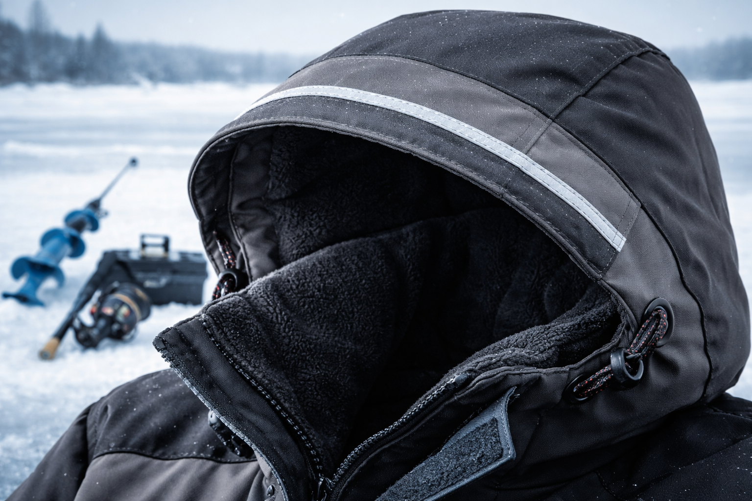() close-up editorial photograph of an ice fishing jacket hood with embedded wire brim and fleece lining visible, showing