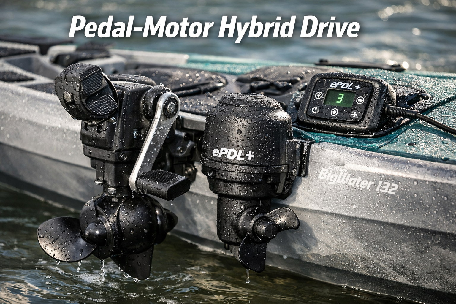 () close-up editorial shot of the ePDL+ hybrid drive system mounted beneath the Old Town BigWater 132 kayak hull, showing