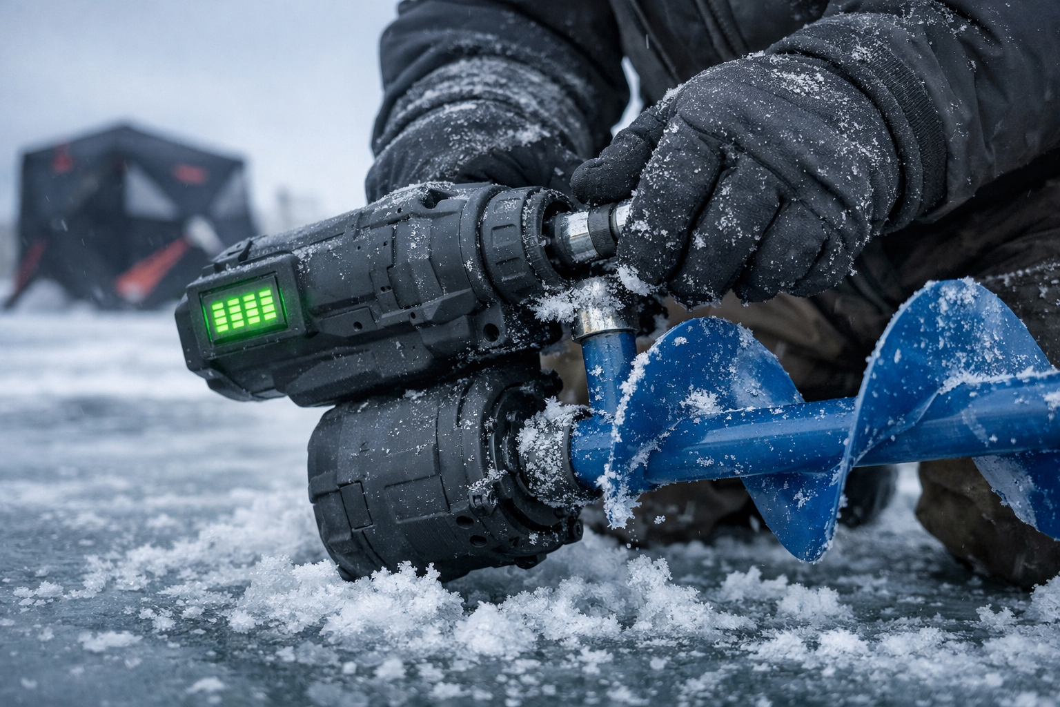 Beginner’s Guide to Drilling with 8-Inch Electric Ice Augers: Setup, Technique, and Common Mistakes () close-up ground-level shot of an angler's gloved hands attaching an 8-inch auger bit to an electric motor unit, kneeling