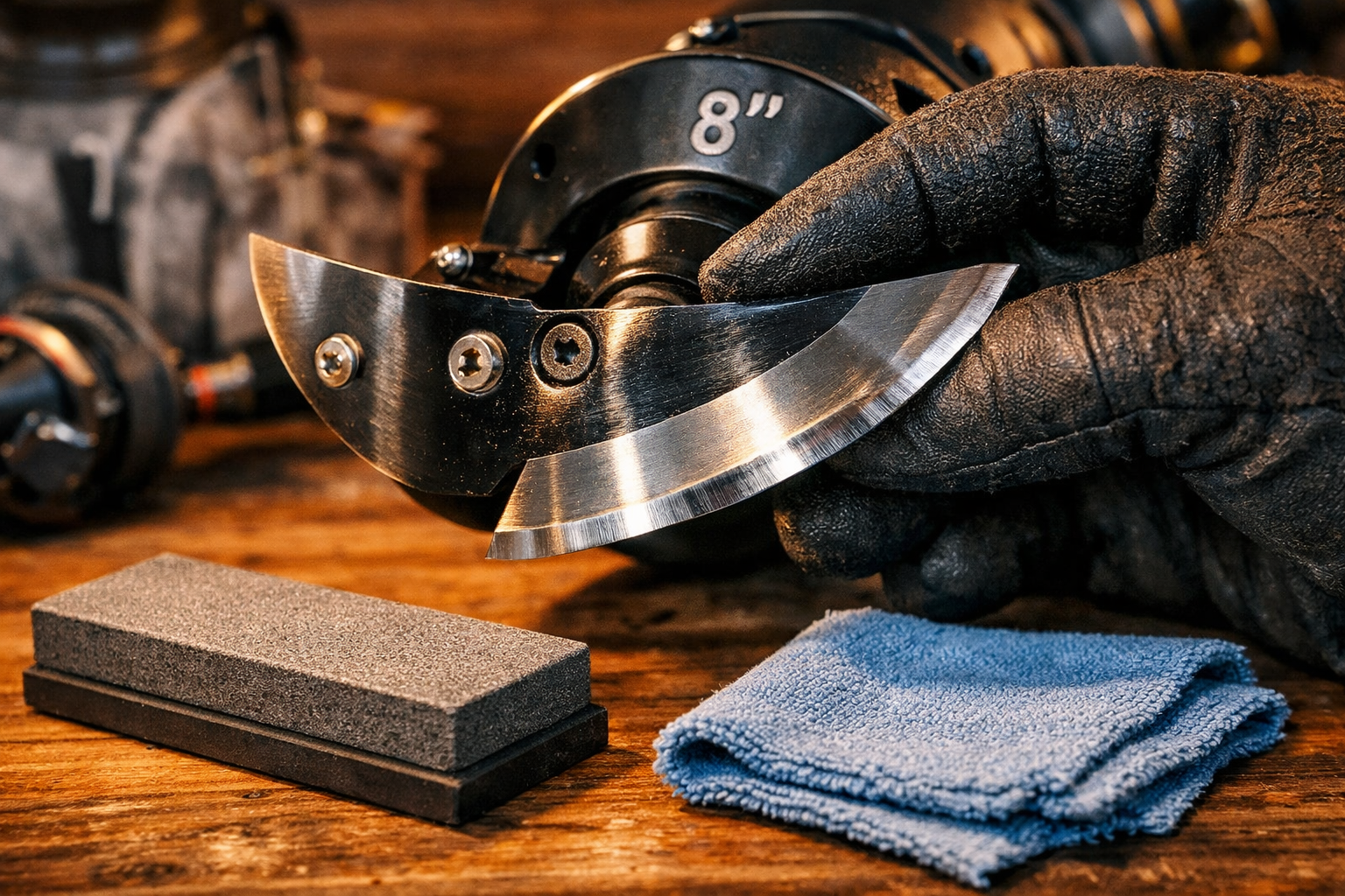 Beginner’s Guide to Drilling with 8-Inch Electric Ice Augers: Setup, Technique, and Common Mistakes () close-up macro shot of an 8-inch electric ice auger blade being inspected by a gloved hand, showing the sharp cutting
