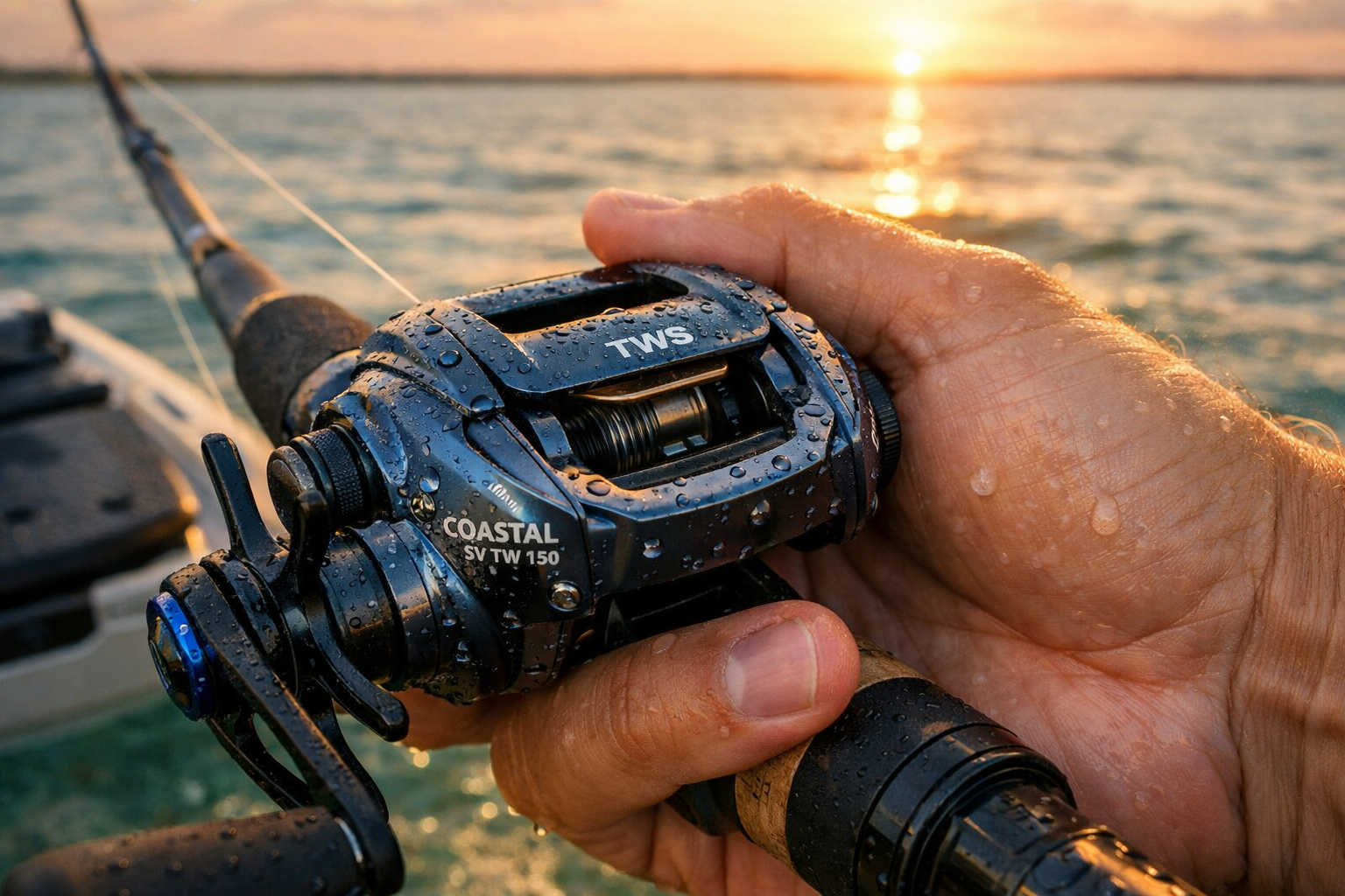 () close-up macro shot of angler's palm gripping Daiwa Coastal SV TW 150 reel mounted on a rod, kayak gunwale visible in