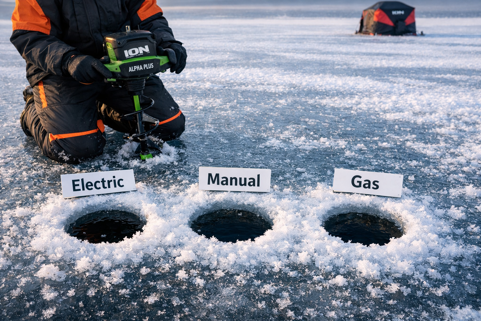 () close-up overhead shot of frozen lake surface with three 8-inch ice holes drilled side by side, each labeled with a small
