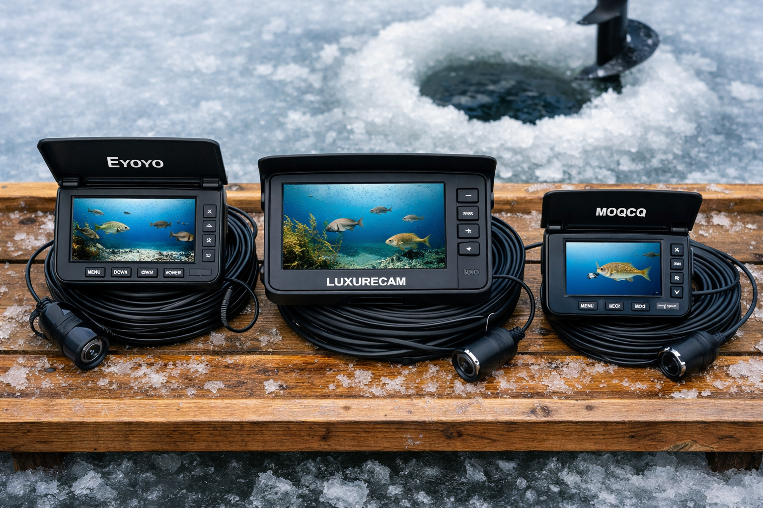 () close-up overhead shot of three different budget underwater fishing cameras laid out side by side on a wooden ice fishing