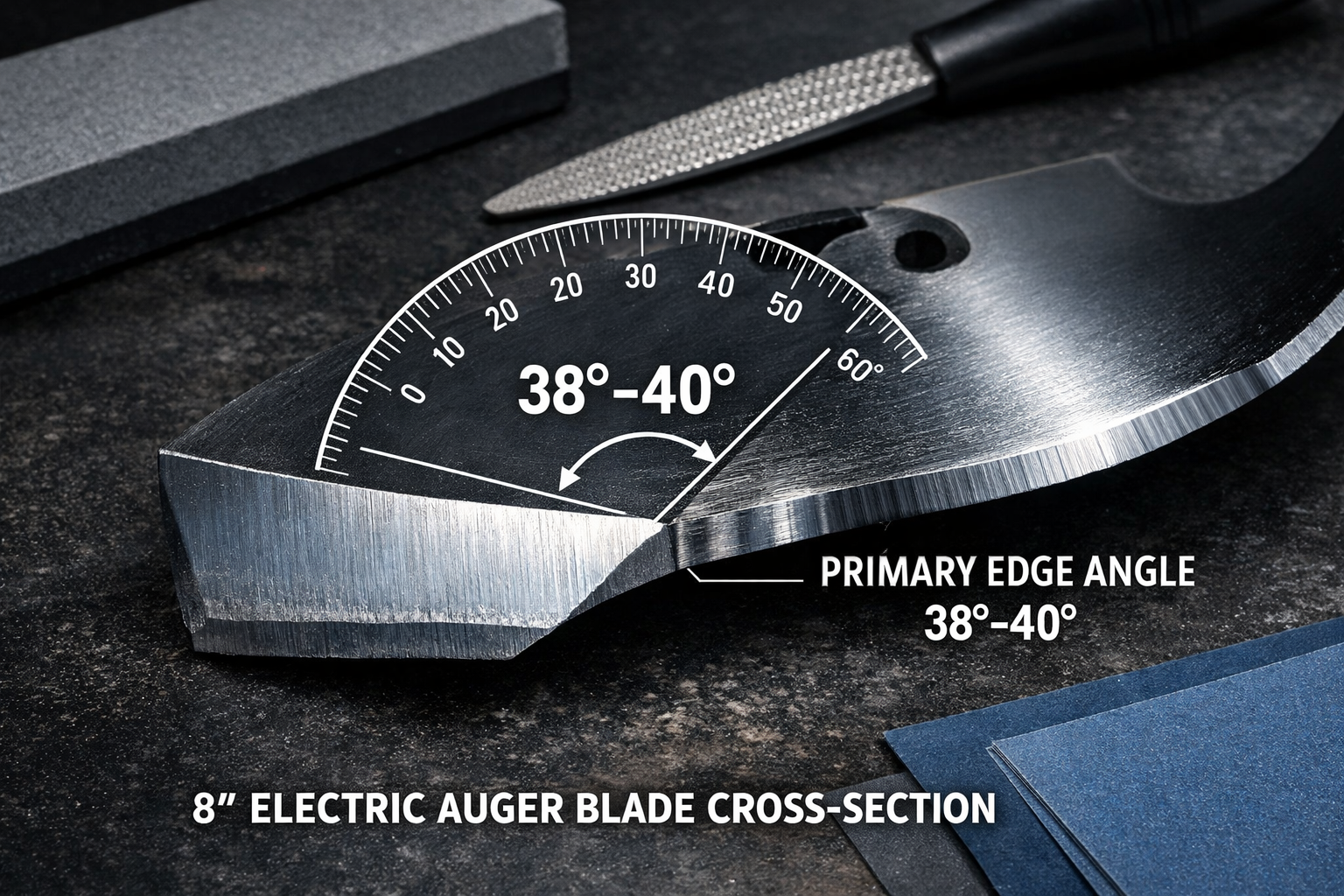 () close-up technical diagram-style photograph of an 8-inch electric auger blade cross-section showing the 38-40 degree