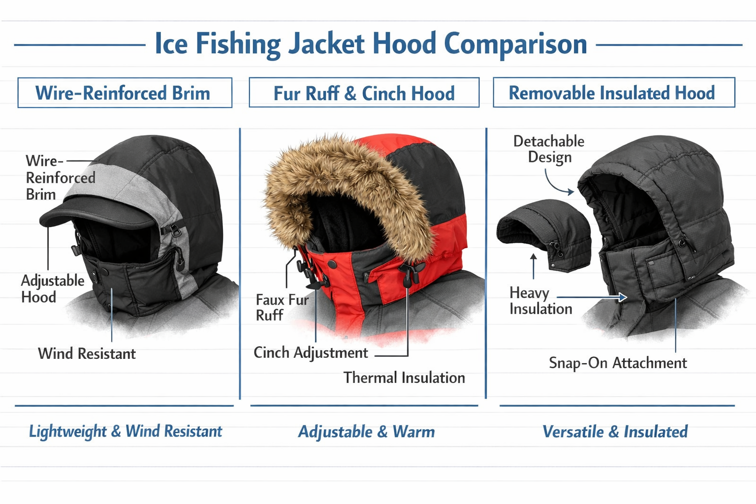 () comparison infographic showing three ice fishing jacket hoods side by side: one with wire-reinforced visor brim, one with