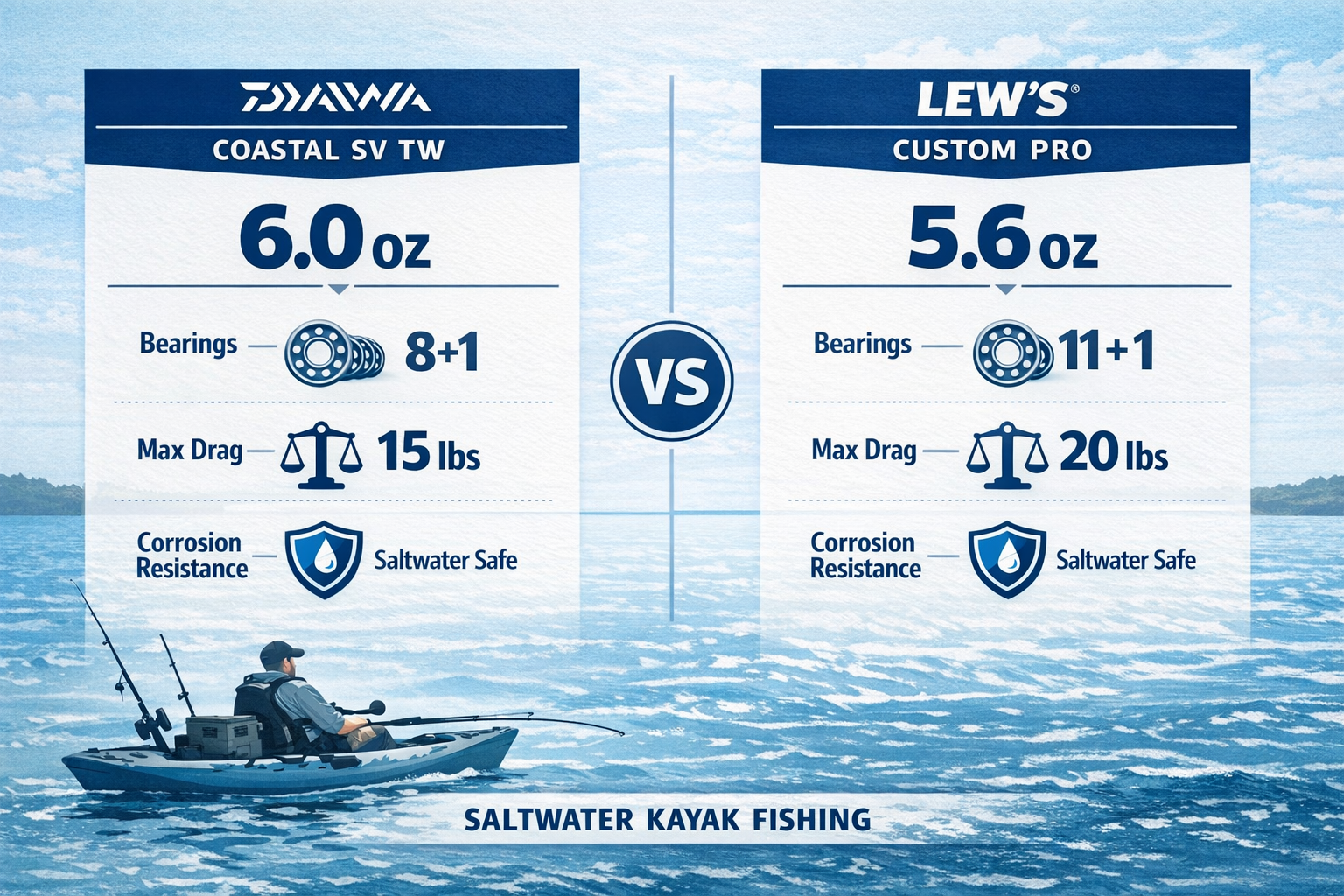 () detailed comparison infographic-style image showing side-by-side spec panels for Daiwa Coastal SV TW and Lew's Custom