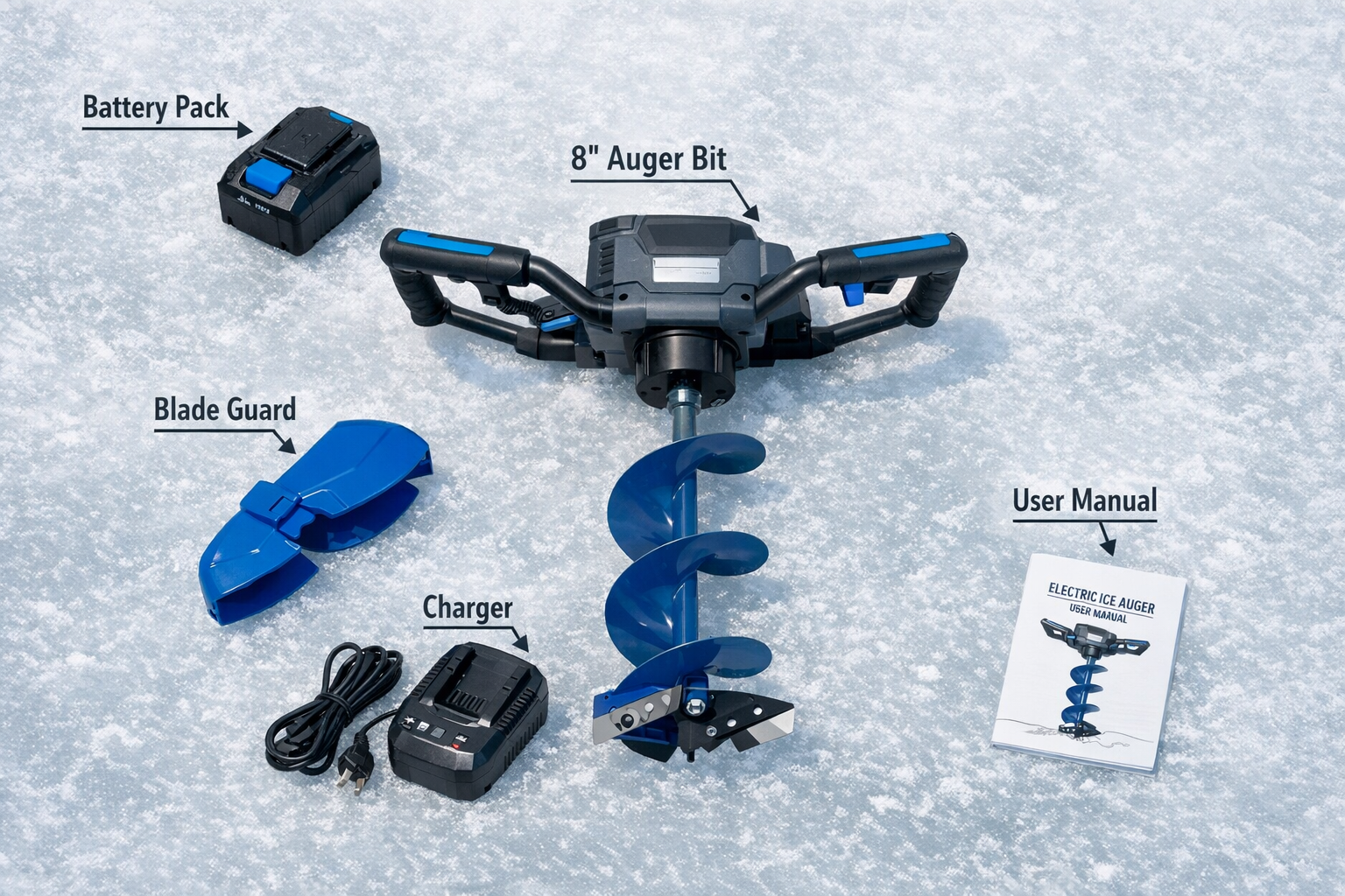 Beginner’s Guide to Drilling with 8-Inch Electric Ice Augers: Setup, Technique, and Common Mistakes () detailed flat-lay product shot on white ice surface showing an unboxed 8-inch electric ice auger with its components