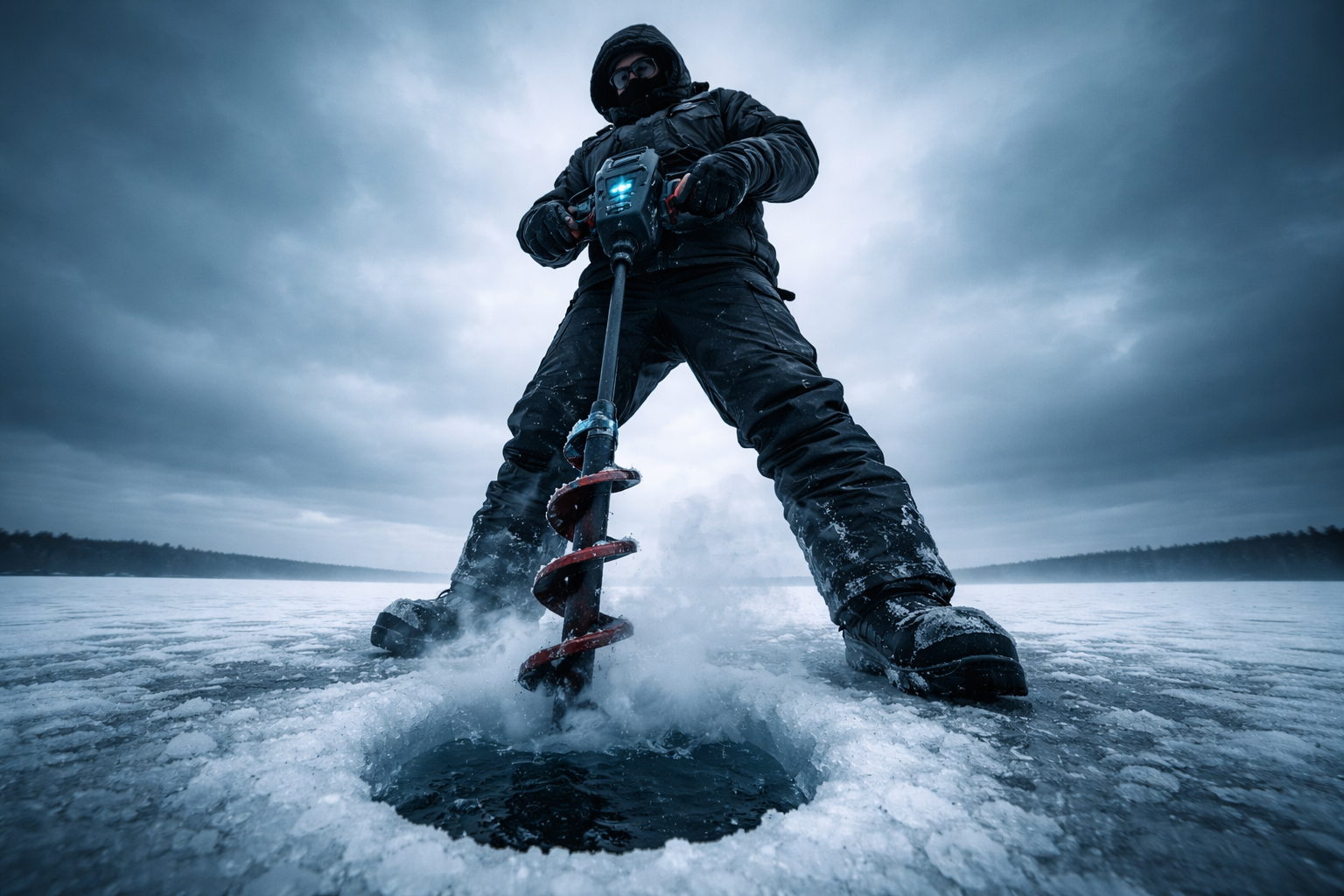 () dramatic low-angle shot looking up at an ice angler in full late-season gear standing over a freshly drilled 8-inch hole