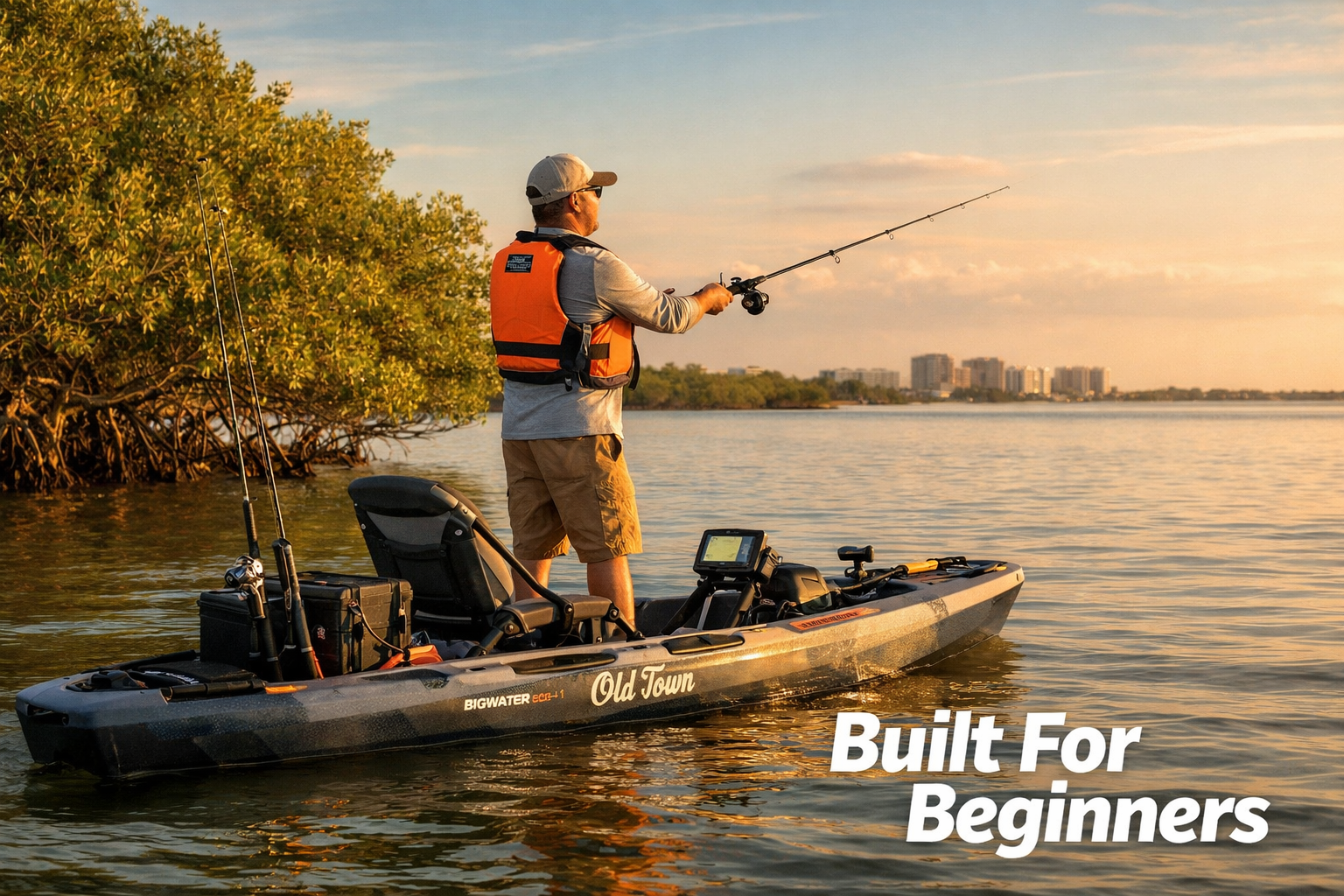 () editorial action shot of a beginner angler in a bright orange PFD standing on the wide deck of an Old Town BigWater ePDL+