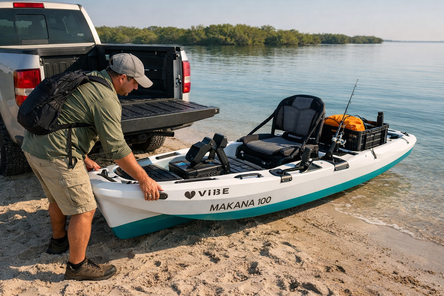 () editorial image showing a beginner angler loading a compact white Vibe Makana 100 pedal kayak from the bed of a standard