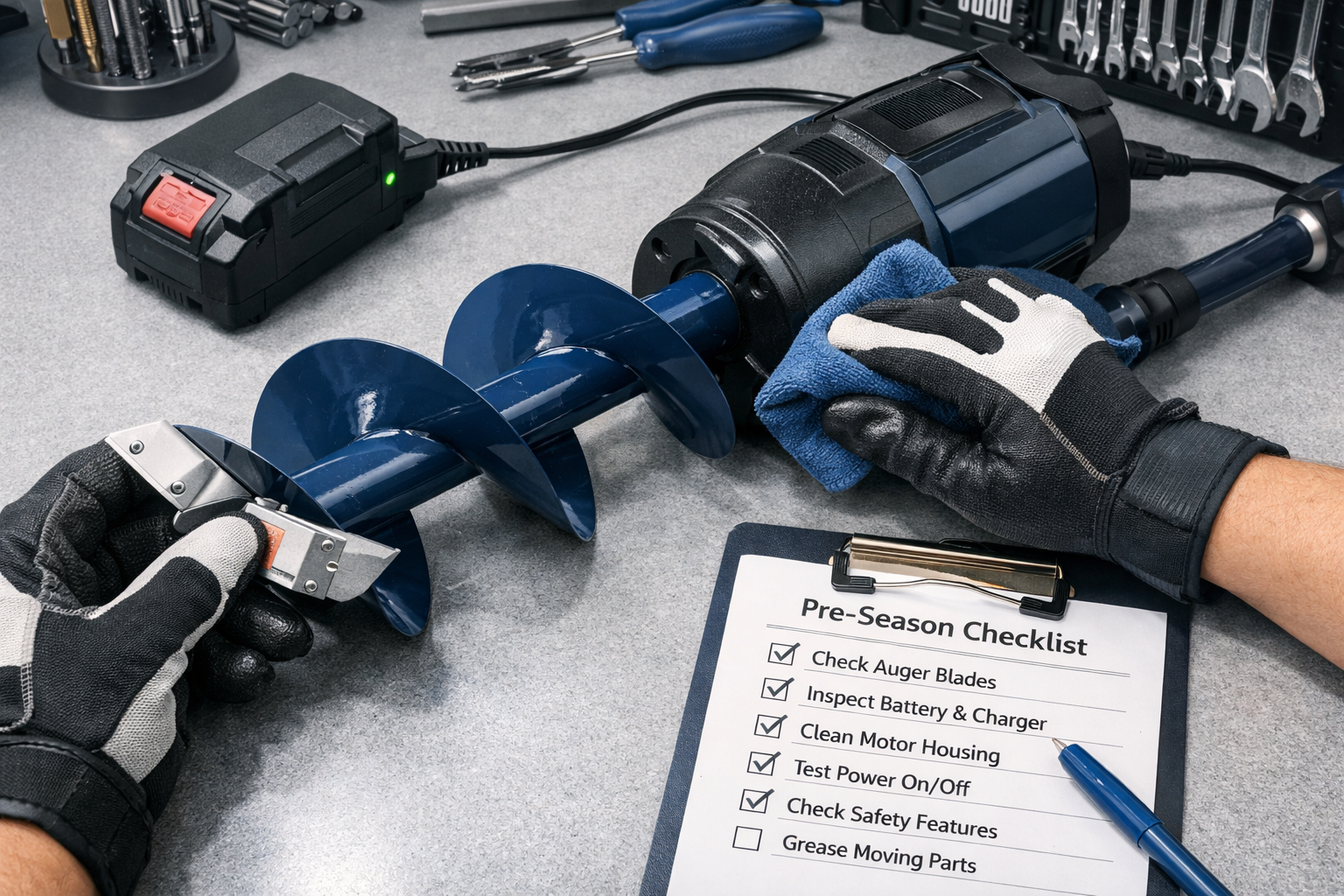 () editorial image showing a hands-on pre-season inspection of an 8-inch electric ice auger on a clean garage workbench.