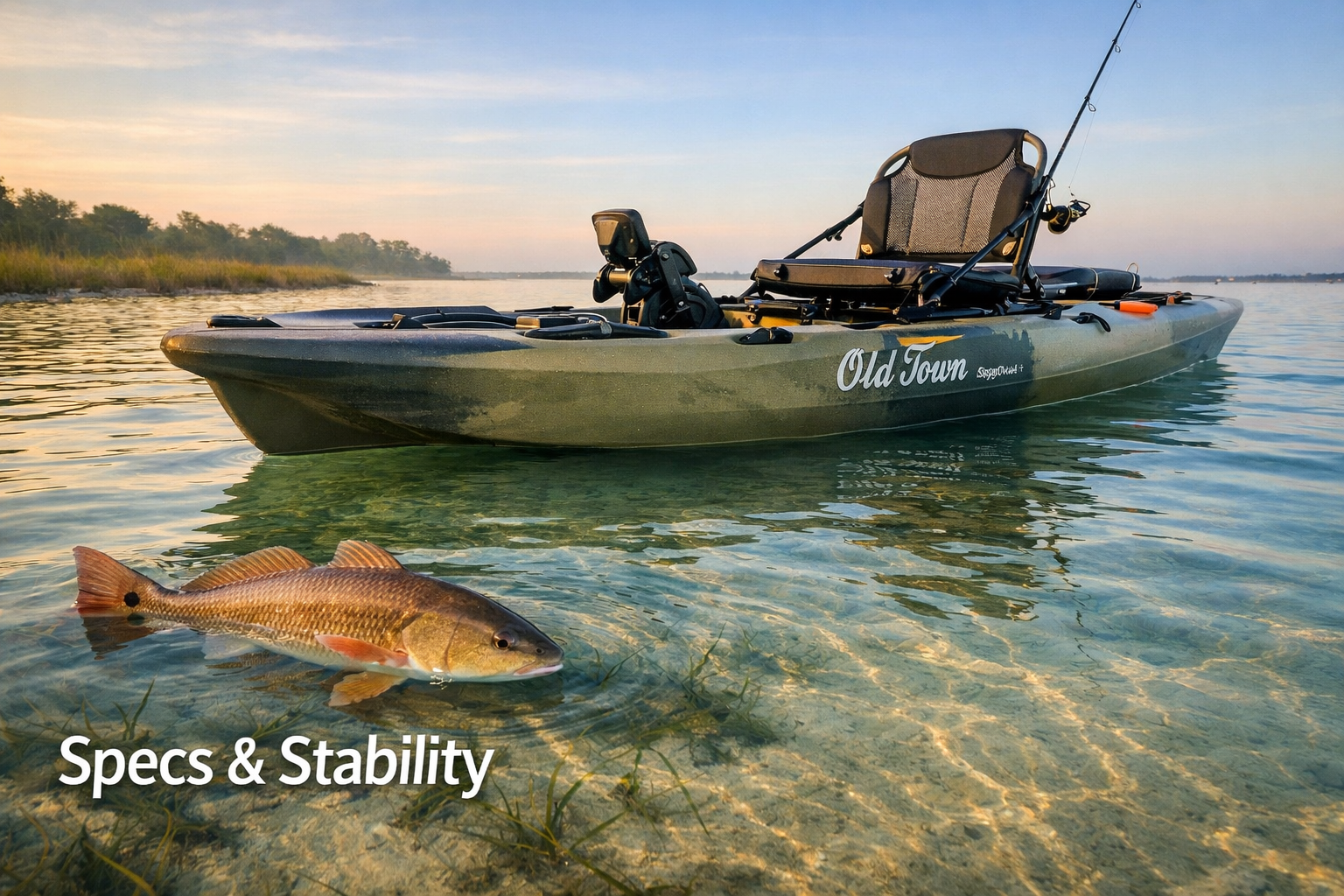 () editorial image showing the Old Town Sportsman BigWater ePDL+ 132 kayak from a low water-level angle, highlighting its