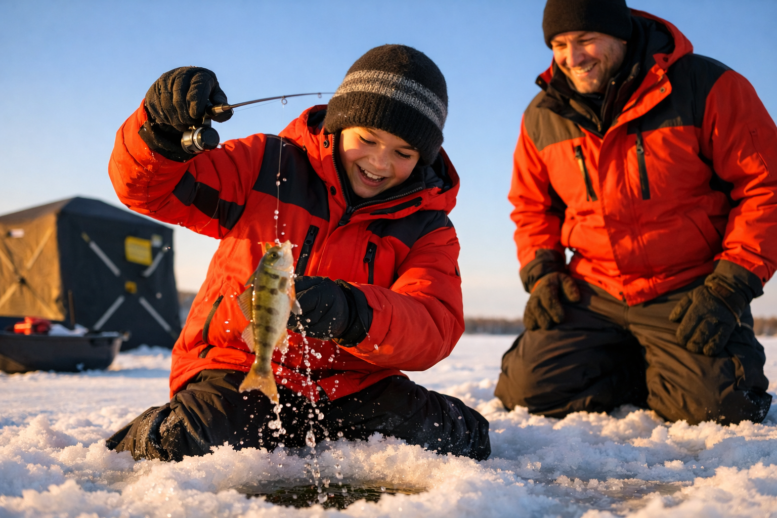 () editorial photo of a young angler aged 10 to 12 on a frozen lake wearing a bright red insulated ice fishing jacket,