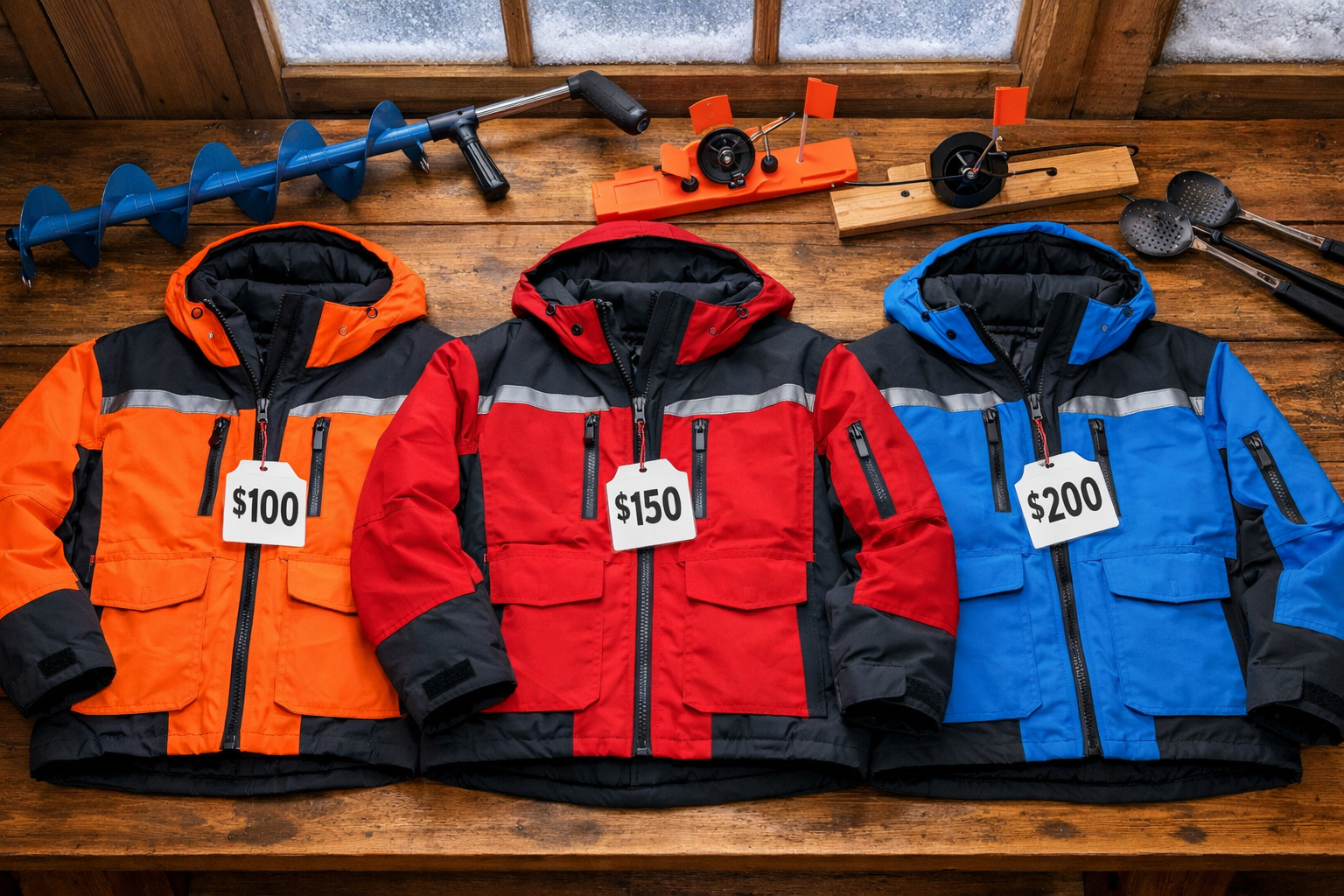 () editorial photo showing three youth ice fishing jackets laid flat on a wooden table beside ice fishing gear including an