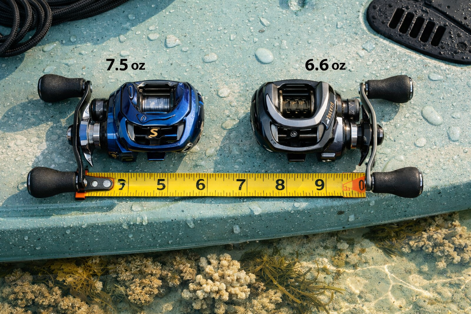 () editorial product flat-lay showing Daiwa Coastal SV TW 150 baitcasting reel and Lew's Custom Pro Gen3 reel side by side