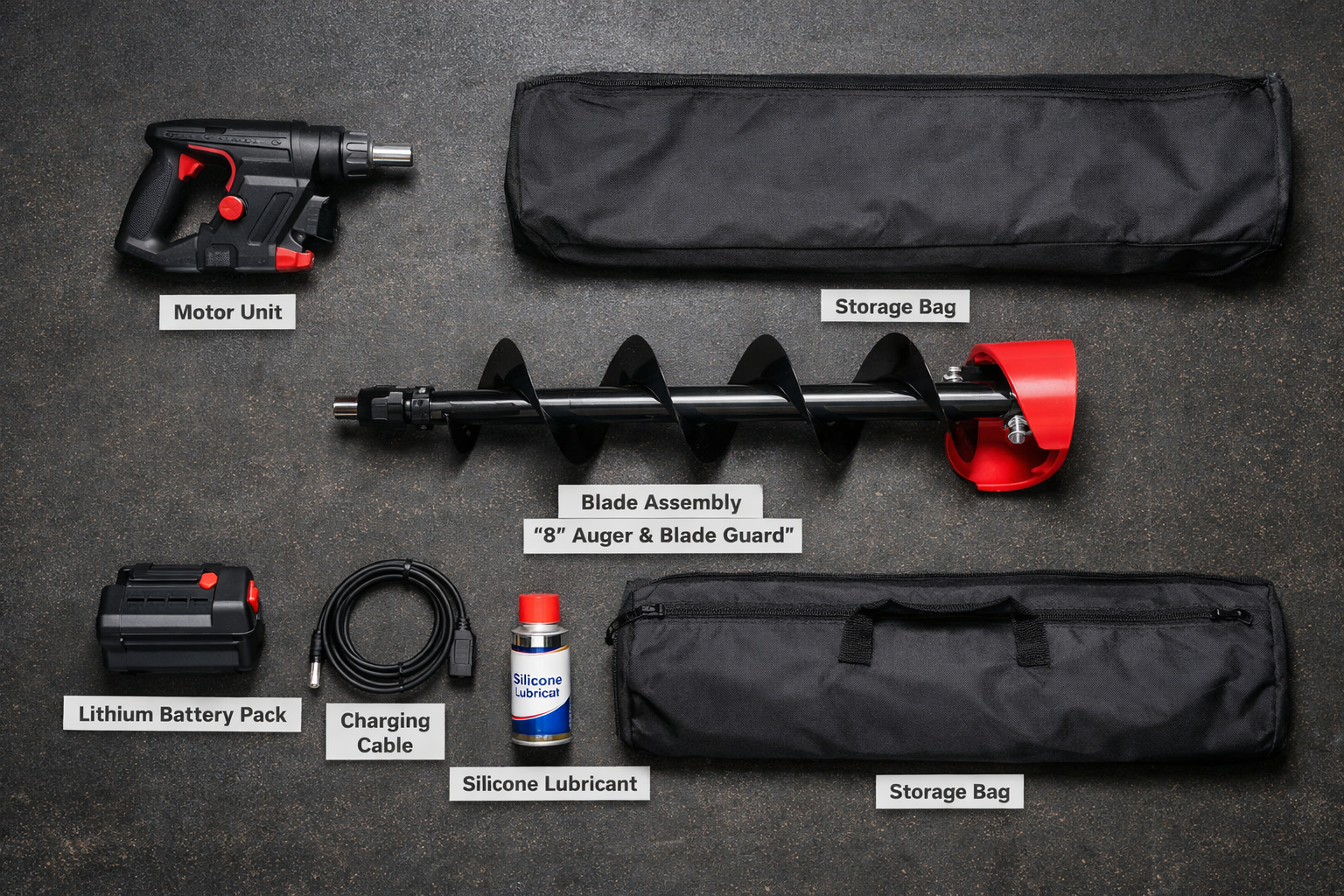 () flat-lay editorial image shot from directly above showing an 8-inch electric auger disassembled for off-season storage on