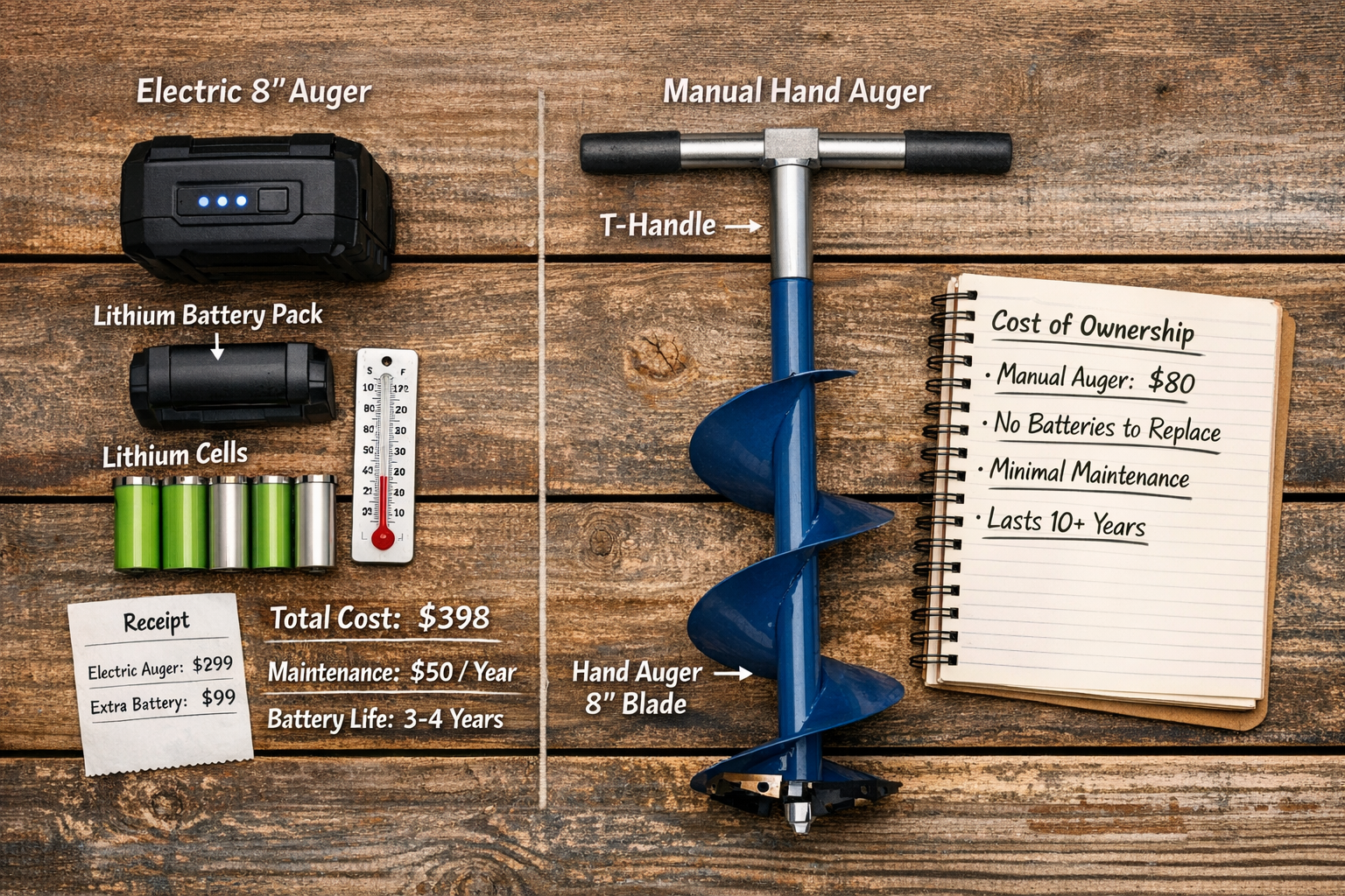 () flat-lay product comparison photo on weathered wood surface showing electric 8-inch auger battery pack, lithium cells,