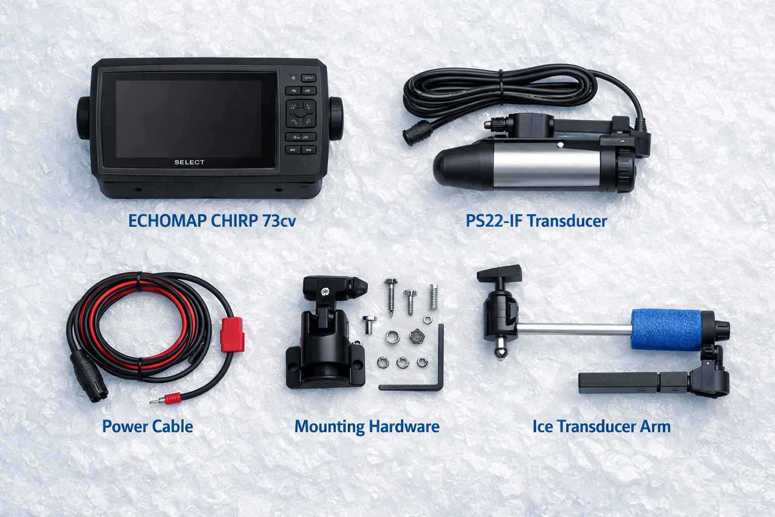 () flat-lay product photo on textured white ice surface showing the complete Garmin ECHOMAP CHIRP 73cv Panoptix Ice Bundle