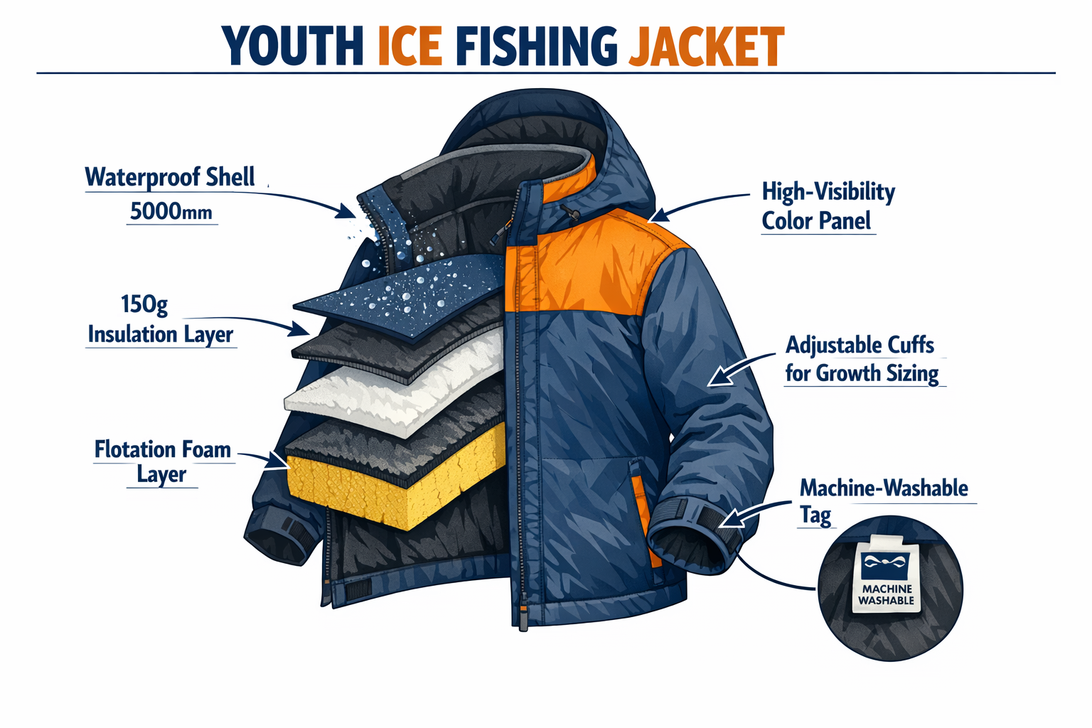 () infographic-style image showing a cross-section diagram of a youth ice fishing jacket with labeled callouts pointing to