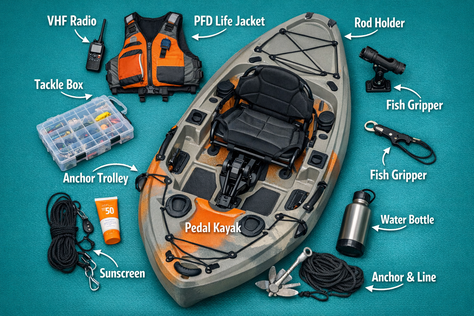 () instructional flat-lay gear layout photograph showing essential saltwater kayak fishing accessories arranged around a