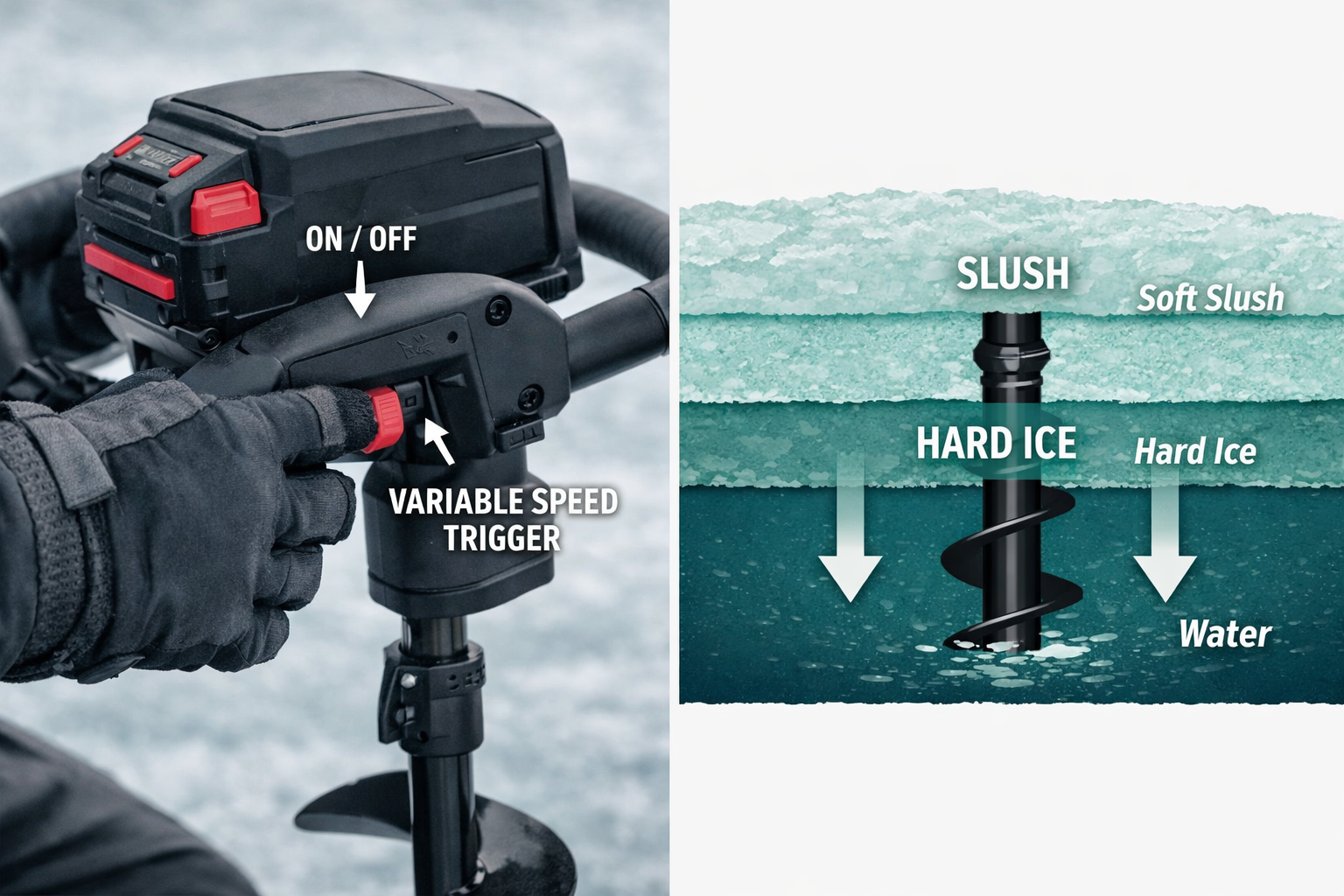 () instructional-style split composition showing left side: an angler's gloved hands adjusting the variable-speed trigger on