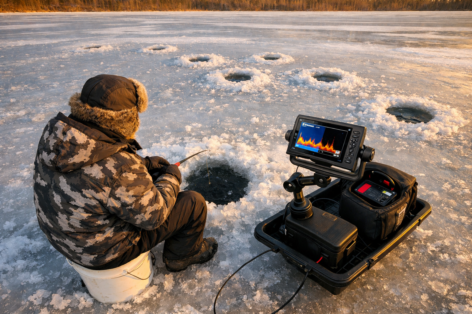 () overhead bird's-eye view of ice angler sitting on bucket beside open ice hole with Garmin ECHOMAP CHIRP 73cv mounted on