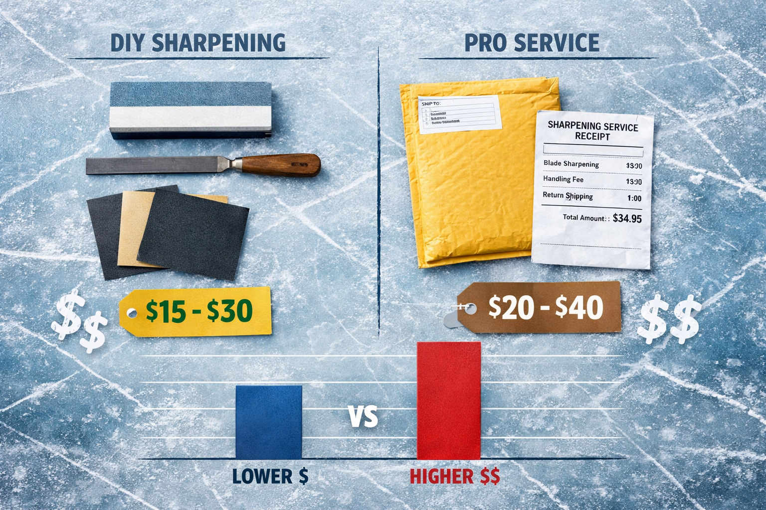 () overhead flat-lay photograph of a cost comparison layout on a frozen lake surface: two columns showing DIY sharpening