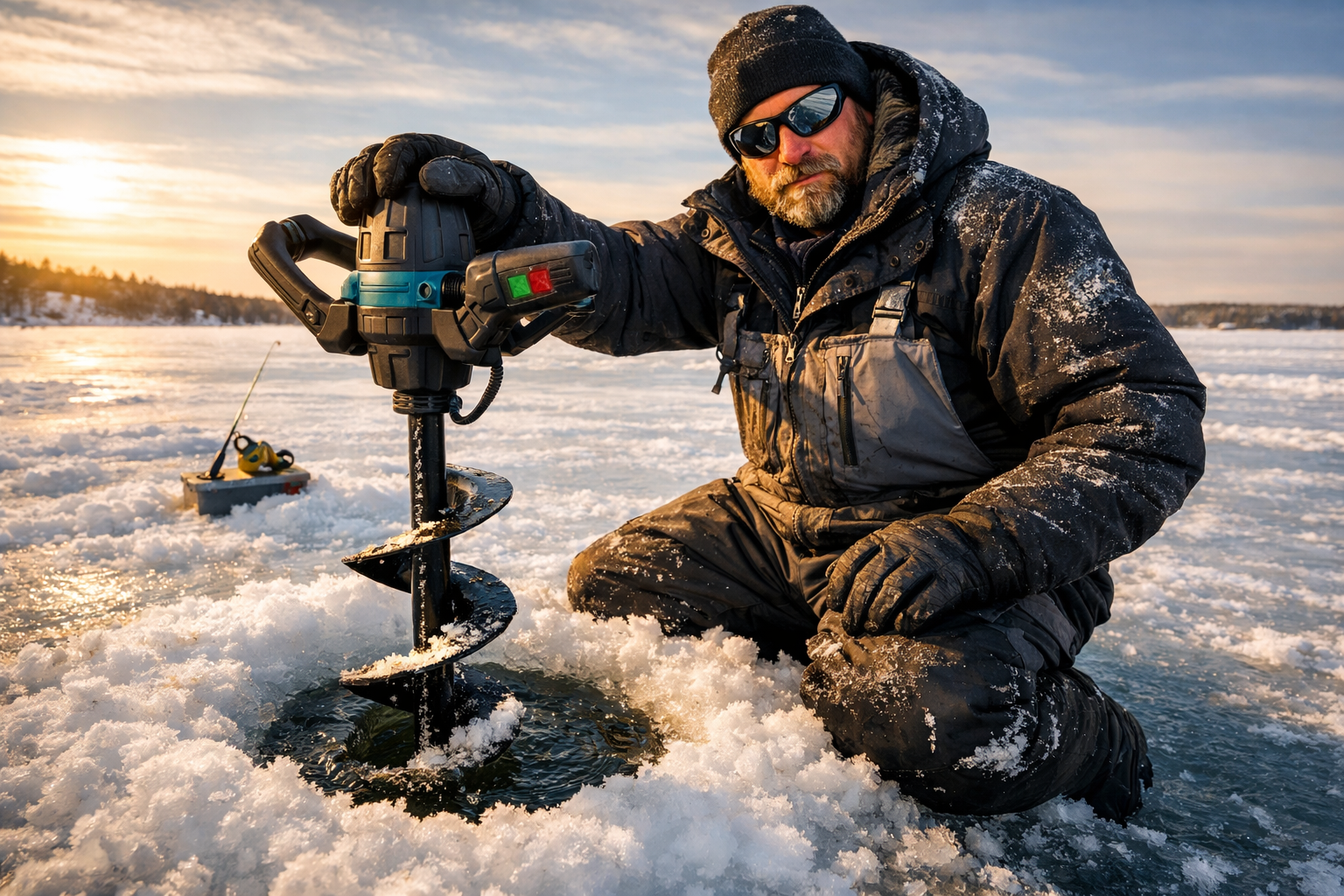 Budget 10-Inch Electric Ice Augers Under $400 | Value Picks That Cut 30-Inch Ice Like Pros | Fish On Yak () showing a rugged angler in ice fishing gear kneeling beside a freshly drilled 10-inch hole in thick ice, holding a budget