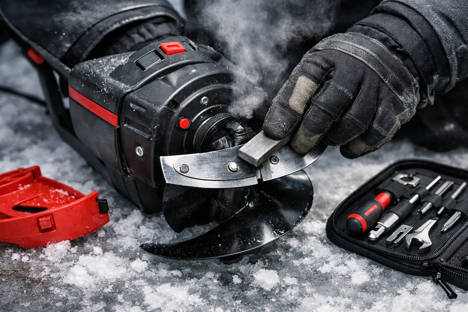 Budget 10-Inch Electric Ice Augers Under $400 | Value Picks That Cut 30-Inch Ice Like Pros | Fish On Yak () showing an angler's gloved hands performing maintenance on a 10-inch electric ice auger blade, blade guard removed and