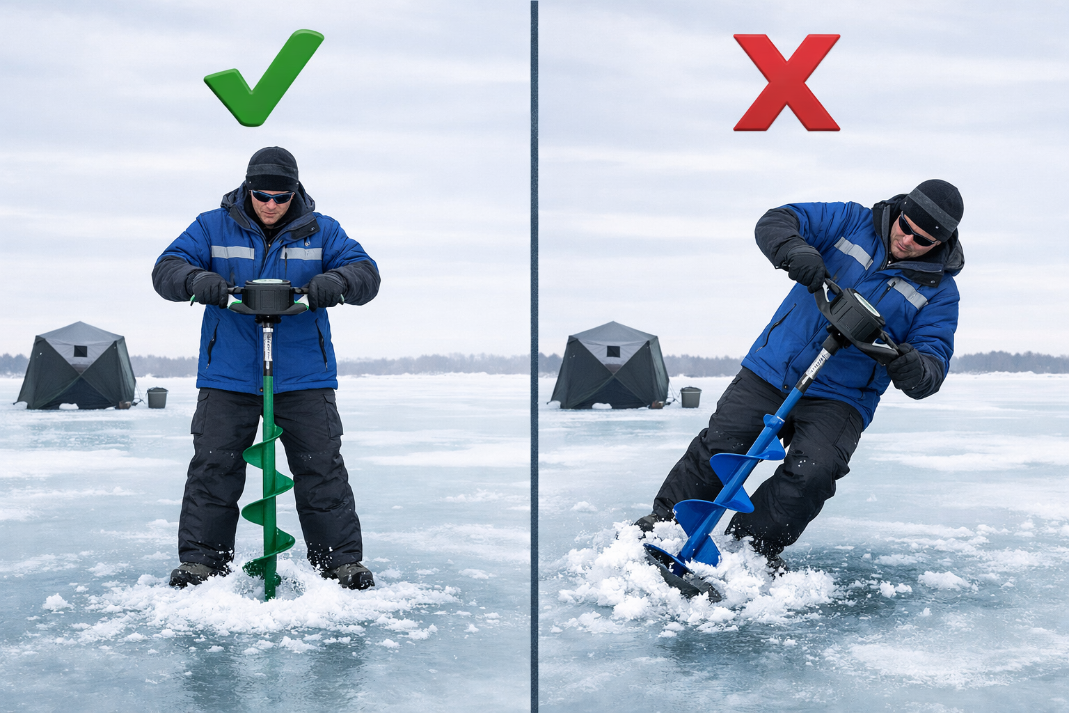 Beginner’s Guide to Drilling with 8-Inch Electric Ice Augers: Setup, Technique, and Common Mistakes () split-composition instructional image showing two side-by-side scenes: LEFT side shows correct drilling technique with