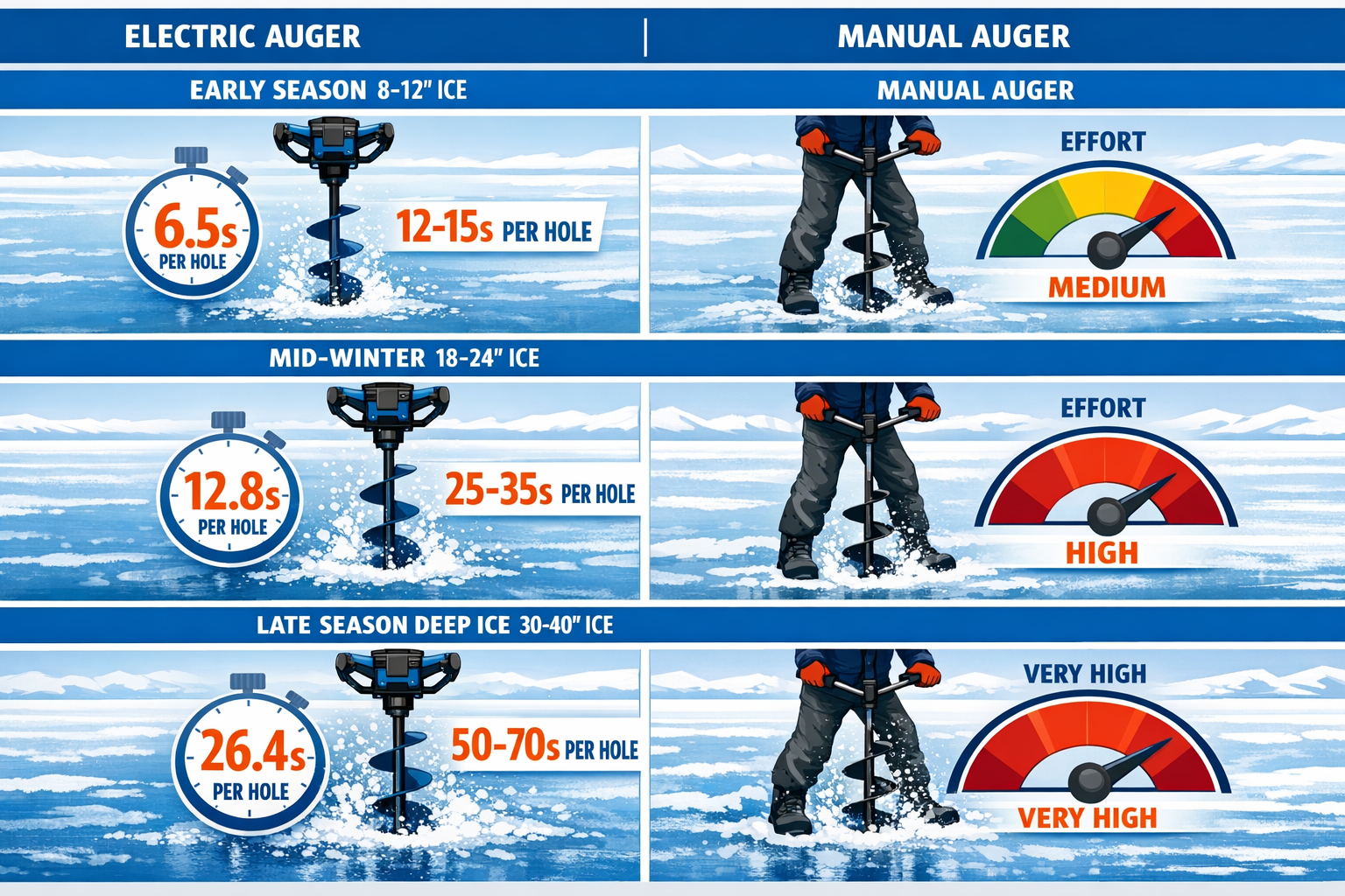 () split-panel infographic illustration showing drilling speed comparison between electric and manual 8-inch ice augers